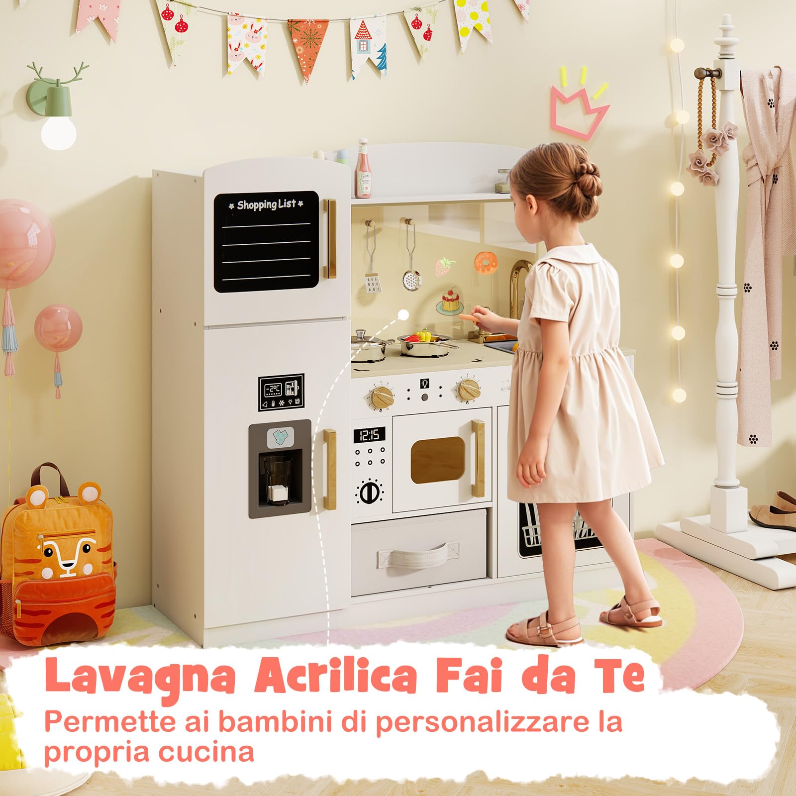 COSTWAY Cucina Giocattolo con Macchina del Ghiaccio e Microonde con Luce, Cucina per Bambini in Legno con 2 Lavagne, Lavandino e Cassetto in Tessuto, Set Cucina con 9 Accessori, 86 x 27 x 83 cm