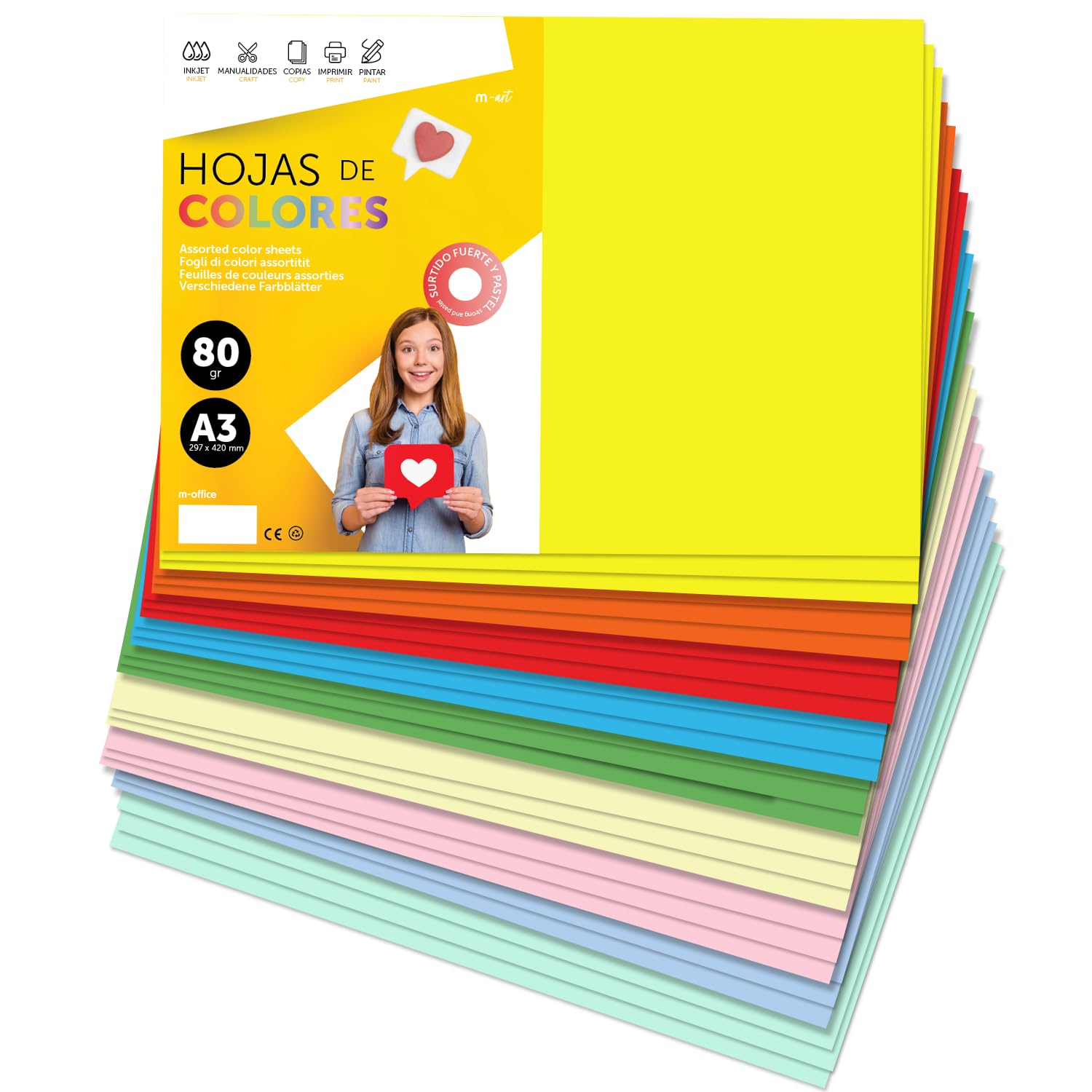 Colourful Paper A3 80 g for Printers & Crafts, Coloured Sheets for Children, Creative Projects, Cards & School m-Office (50 Sheets, Assorted Pastel + Strong) โ image 1