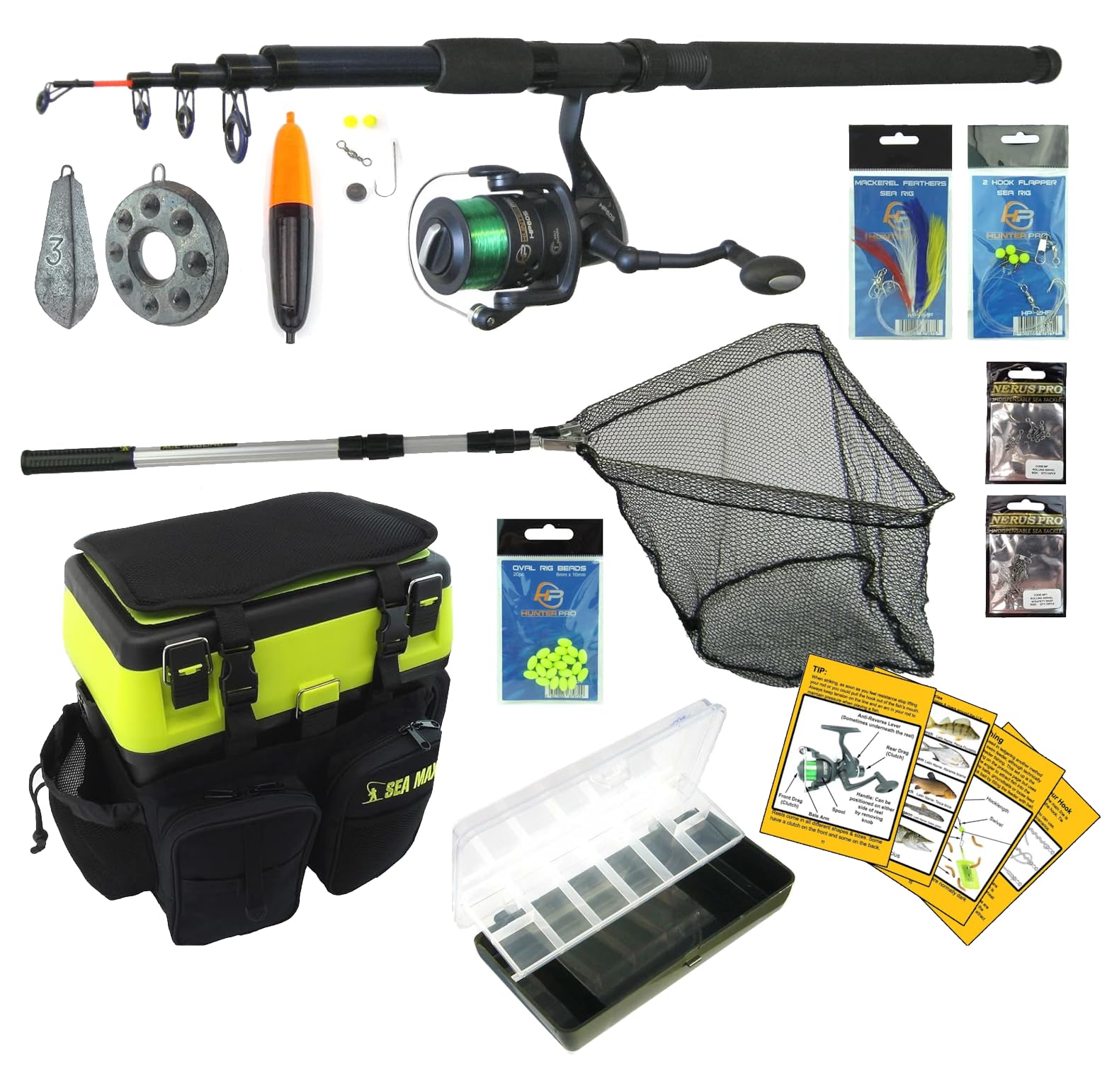 SEA MAX Complete Sea Fishing Kit: 10 ft Telescopic Surf Rod and HP60S Reel with Seat Box Rucksack and Full Tackle Set
