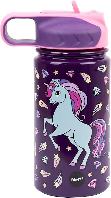 Fringoo - Diamond Unicorn Kids Water Bottle with Straw- Short BPA Free Water Bottles - Insulated Water Bottle - Stainless Steel Water Bottle - Kids Water Bottles - Reusable Water Bottle - 350 ml