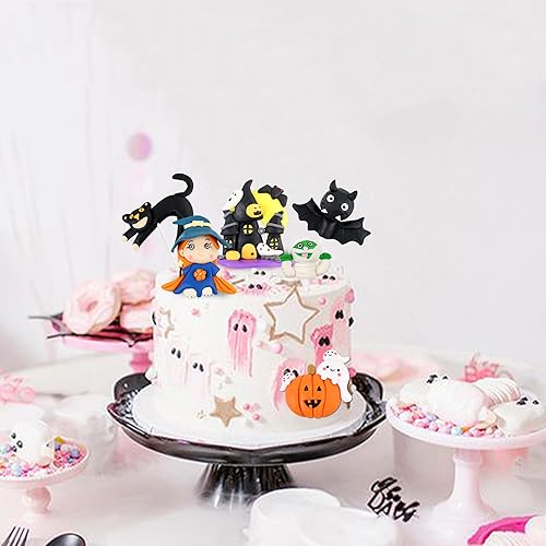 Miniatura 4 de Ercadio Paquete de 6 adornos de resina 3D para tartas de Halloween, castillo de bruja, gato, palillos para tartas de Halloween, calabaza,