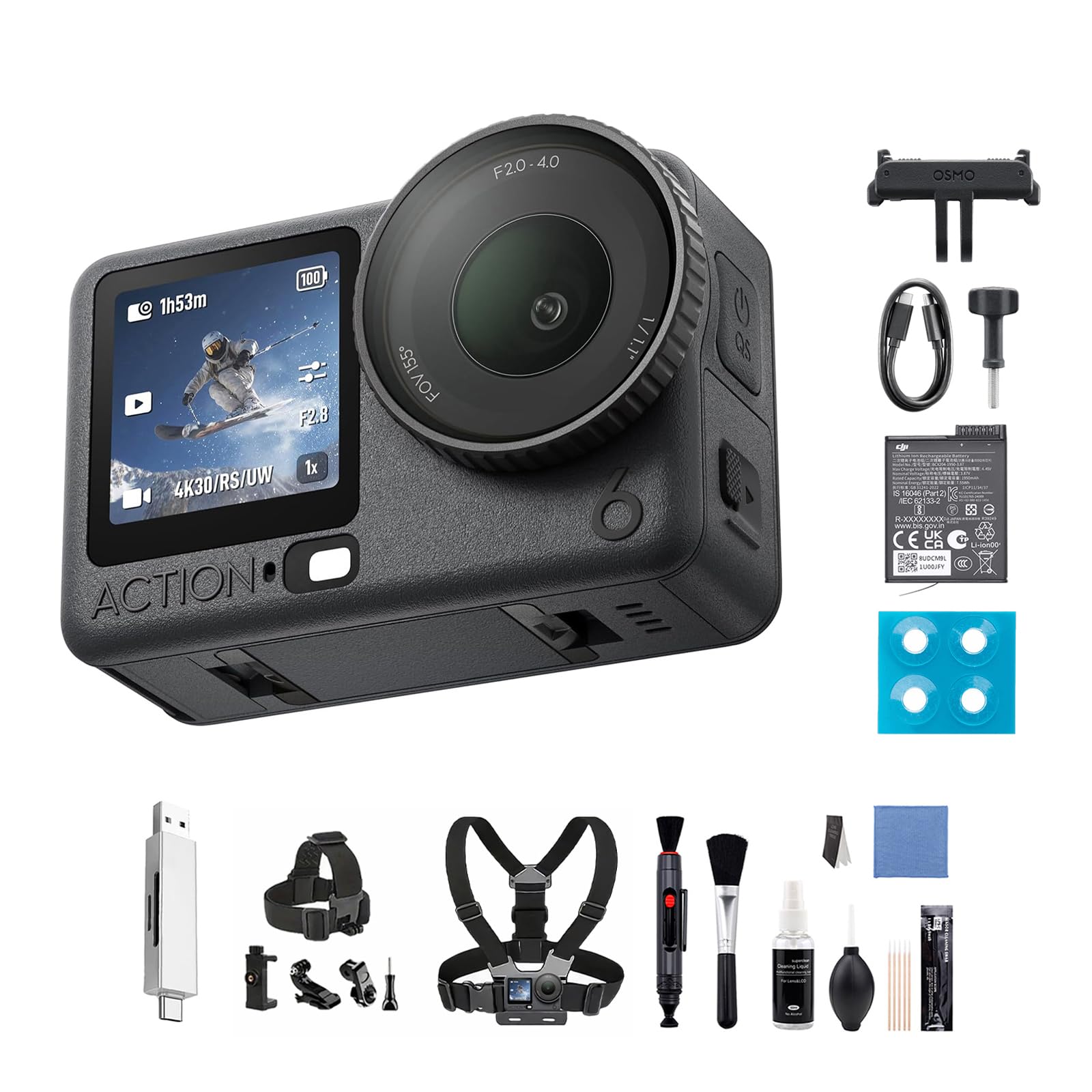 DJI Osmo Action 6 Pack Esencial Bundle, 4K cámara de acción con Sensor Cuadrado de 1/1.1 Pulgadas, Resistente al frío, batería de 4 Horas (Fill Light + Storage Bag Bundle 1)