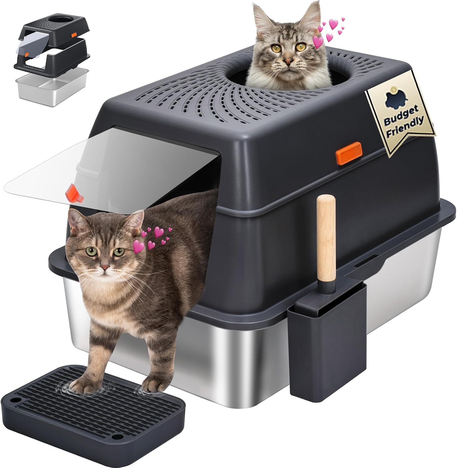 stainless steel litter box with lid, sus304 metal cat litter box, enclosed extra large kitty litter box high wall, jumbo cat litter box with triple pedal, non-sticky, anti-leakage (xl black)