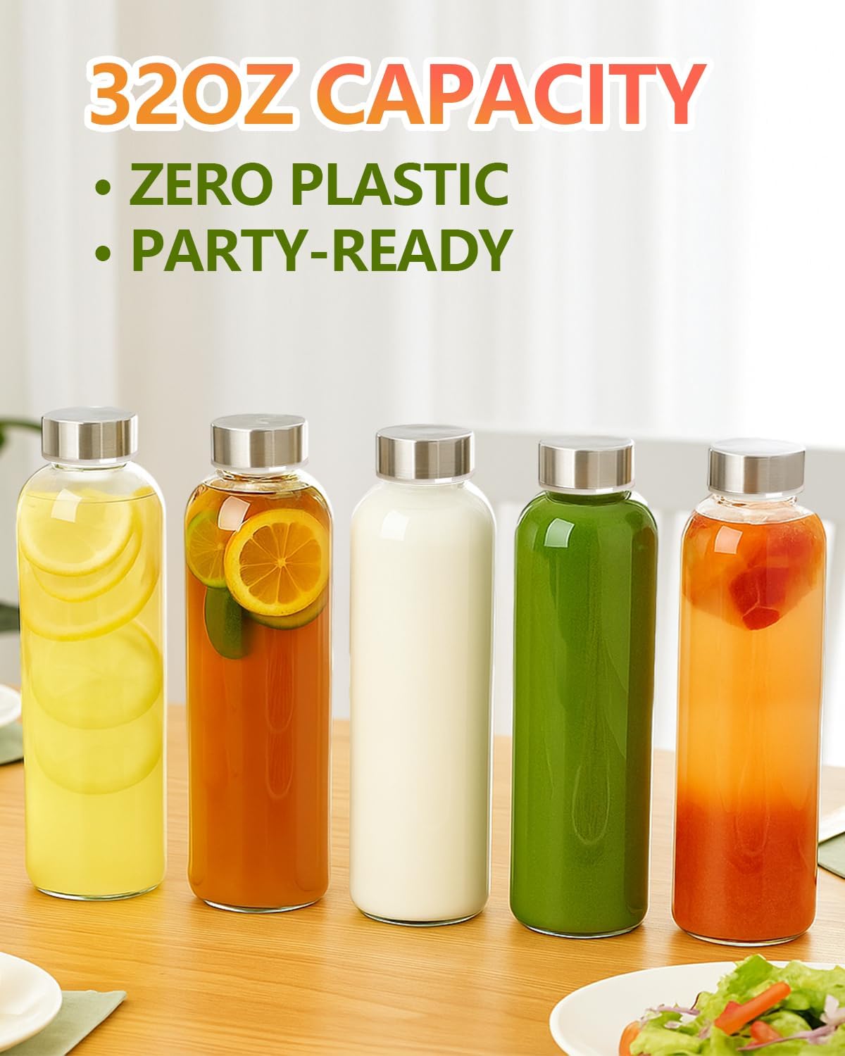 Zukro Glass Water Bottles with Lids 32 oz, 3 Pack Reusable Large Juice Bottles With Stainless Steel Airtight Cap for Juicing, Leak Proof Clear Drinking Jar Beverage storage container, BPA Free - Image 8