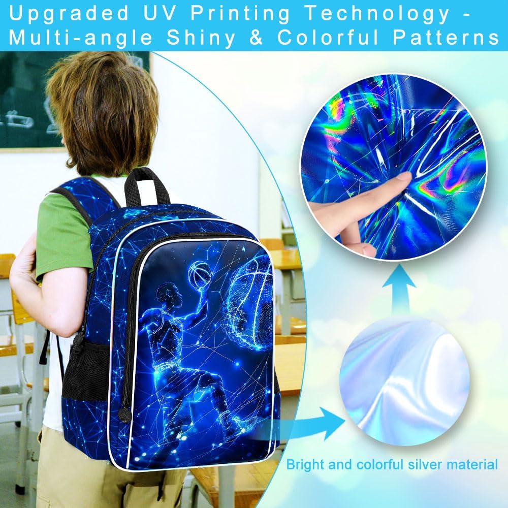 17" Basketball Backpack for School, 3Pcs Boys Bookbag with Lunch Box, Kids Backpacks Set for Elementary Preschool Kindergarten (Blue)