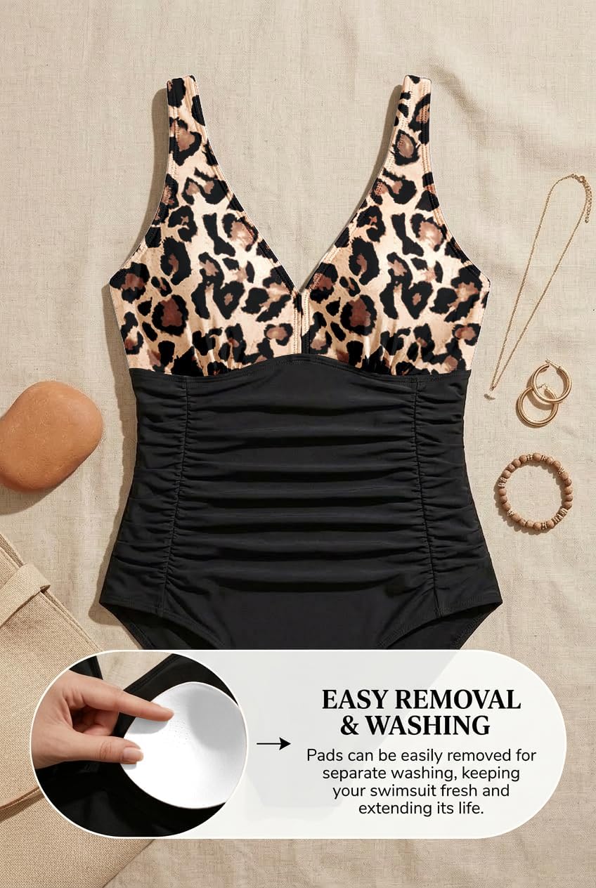 Aqua Eve Women Plus Size One Piece Swimsuits V Neck Tummy Control Bathing Suits Retro Ruched Swimwear