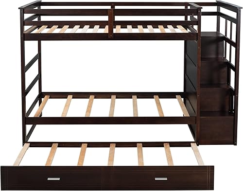 Miniatura 32 de Litera individual sobre matrimonial con cajones, escalera deslizante y almacenamiento, litera de madera con barandilla alta y escalera para niños,