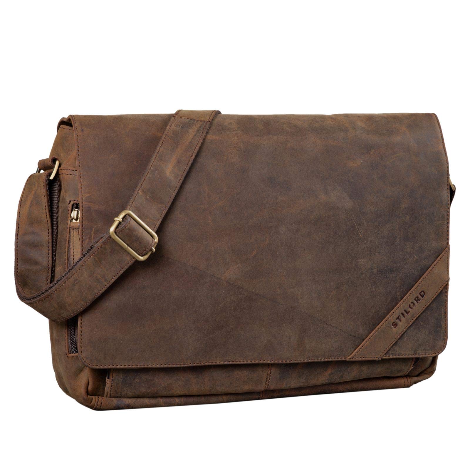 STILORD Nick Bolso de Mensajero Unisex de Cuero Vintage Maletín para portátiles de 15,6" Bolsa de Profesor Universidad Negocios o Bandolera de auténtica Piel Color:Cognac - Brillante