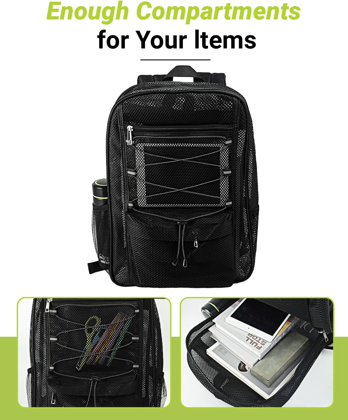 Mesh Backpack with Adjustable Straps, 17 x 13 x 9.5 inches, Side Pockets, Available in Black, Gray, Pink (Grey)