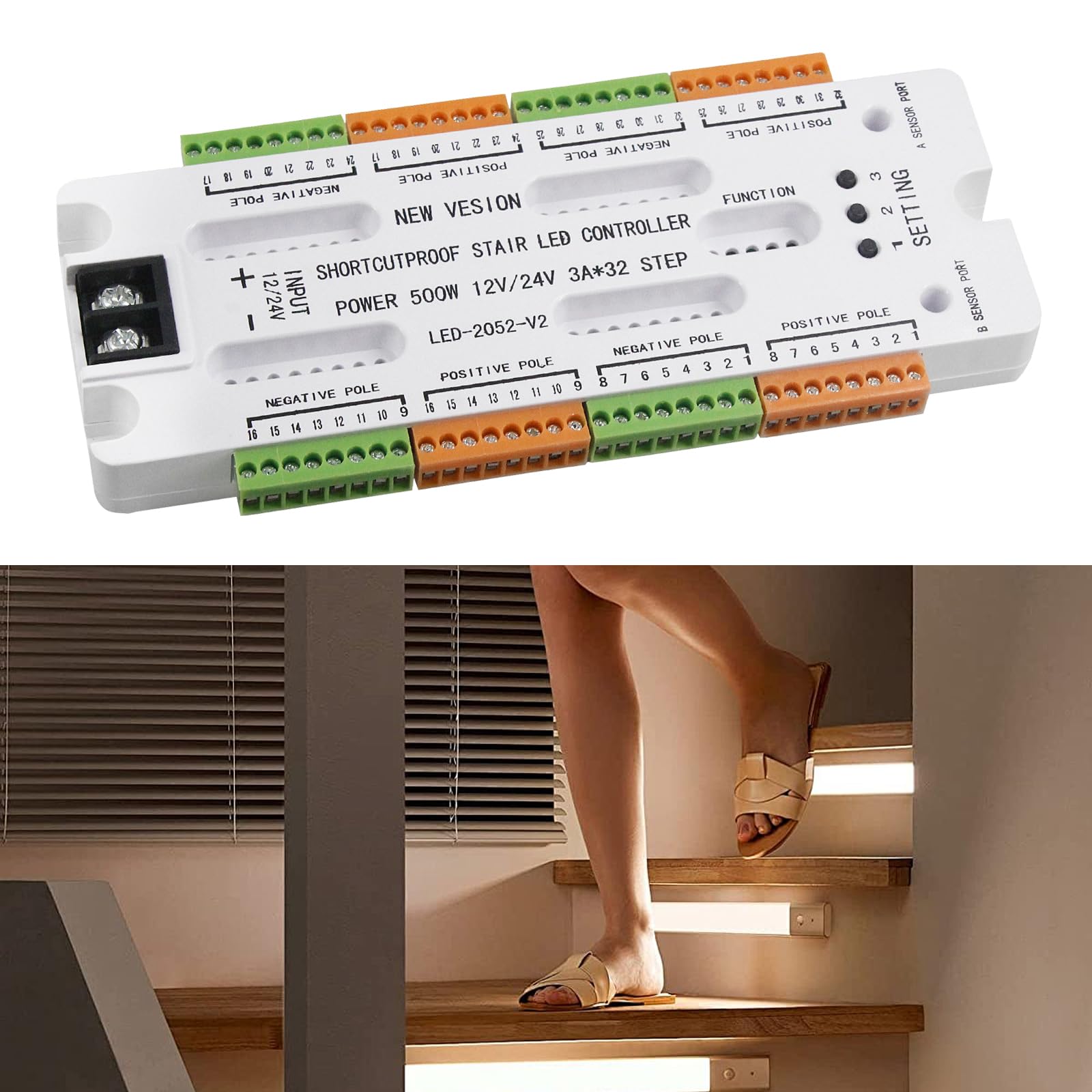 Controller Luci Scale a LED, Sensore di Movimento Controllo Automatico Luci Scale a LED, Protezione da Cortocircuito, 32 Livelli, Luminosità Regolabile per Illuminazione Interna Sotto le Scales