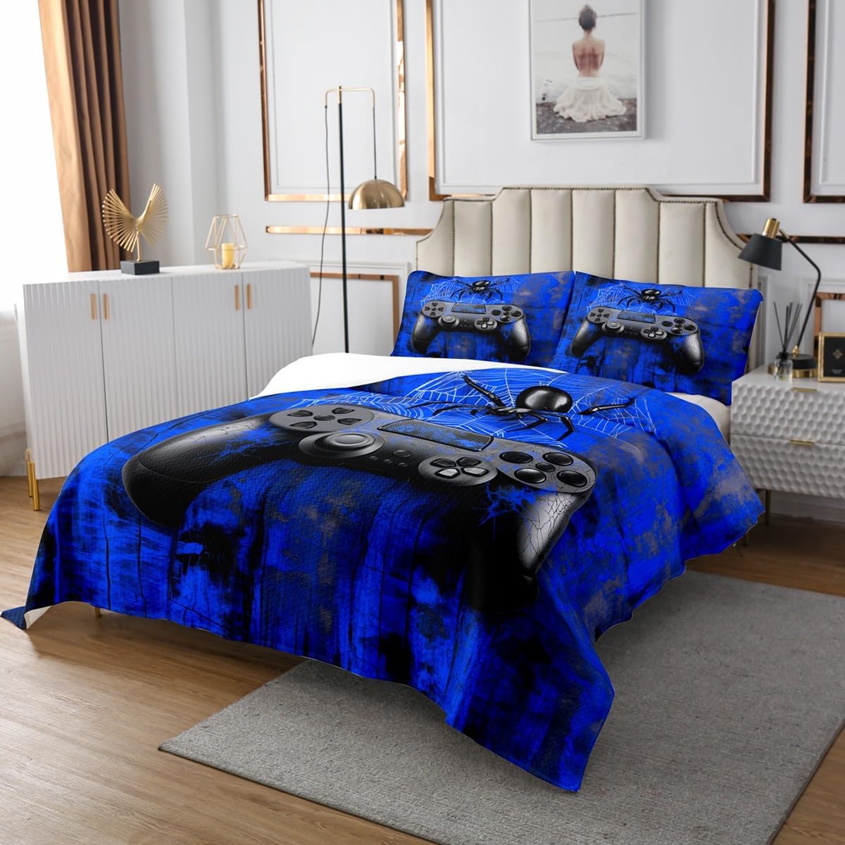 Manfei Gamepad Kids Bedspread Queen Size,Halloween Spider Web Tie-dye Graffiti Coverlet Set,Boys Girls Room Decor,Videogaming Controller Console Quilted Coverlet,Blue Bedding Quilt,2 Pillowcases
