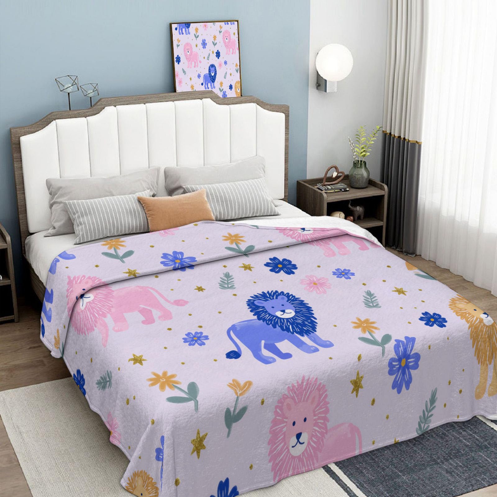 Couverture flanelle rose 240x260cm plaid douillet motif lion imprimé étoiles fleurs