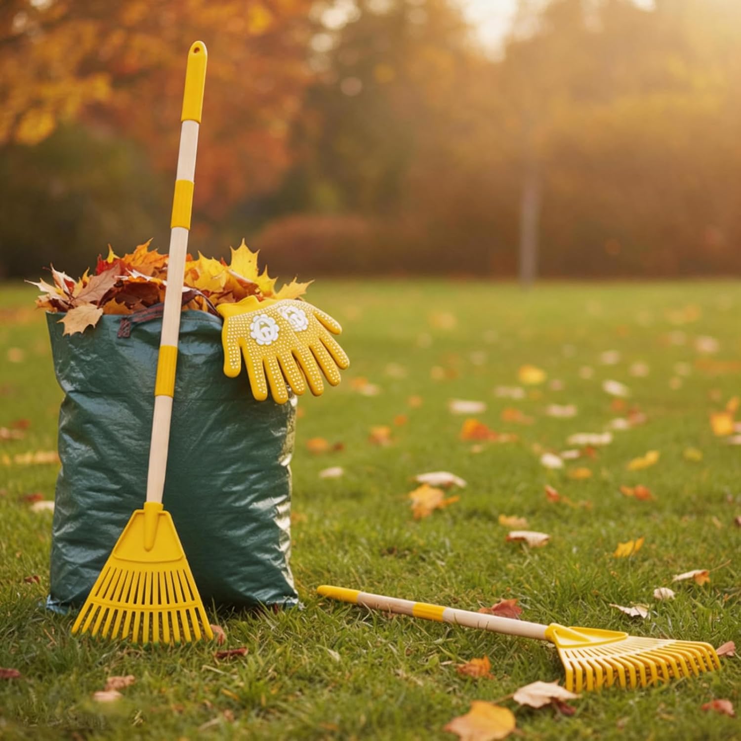 2 Pack Kids Adjustable Leaf Rake Set – 28" to 34" with Detachable Wooden Handles, Lightweight Plastic Head, Designed for Kids, Includes 2 Pairs of Gloves & Leaf Bag (Yellow)
