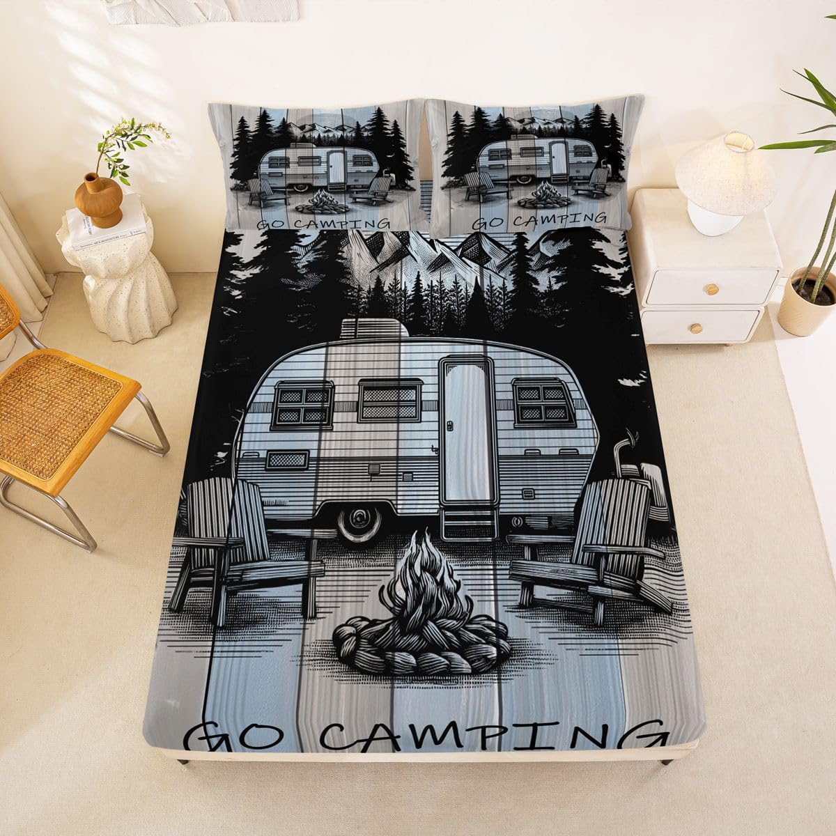 Castle Fairy Happy Camping Fitted Sheet Twin,RV Happy Travelling Bedding Set for Kids Boys Girls Room Decor Jungle Adventure Travel Deep Pocket Sheet 2Pcs,No Top Flat,Grey Blue