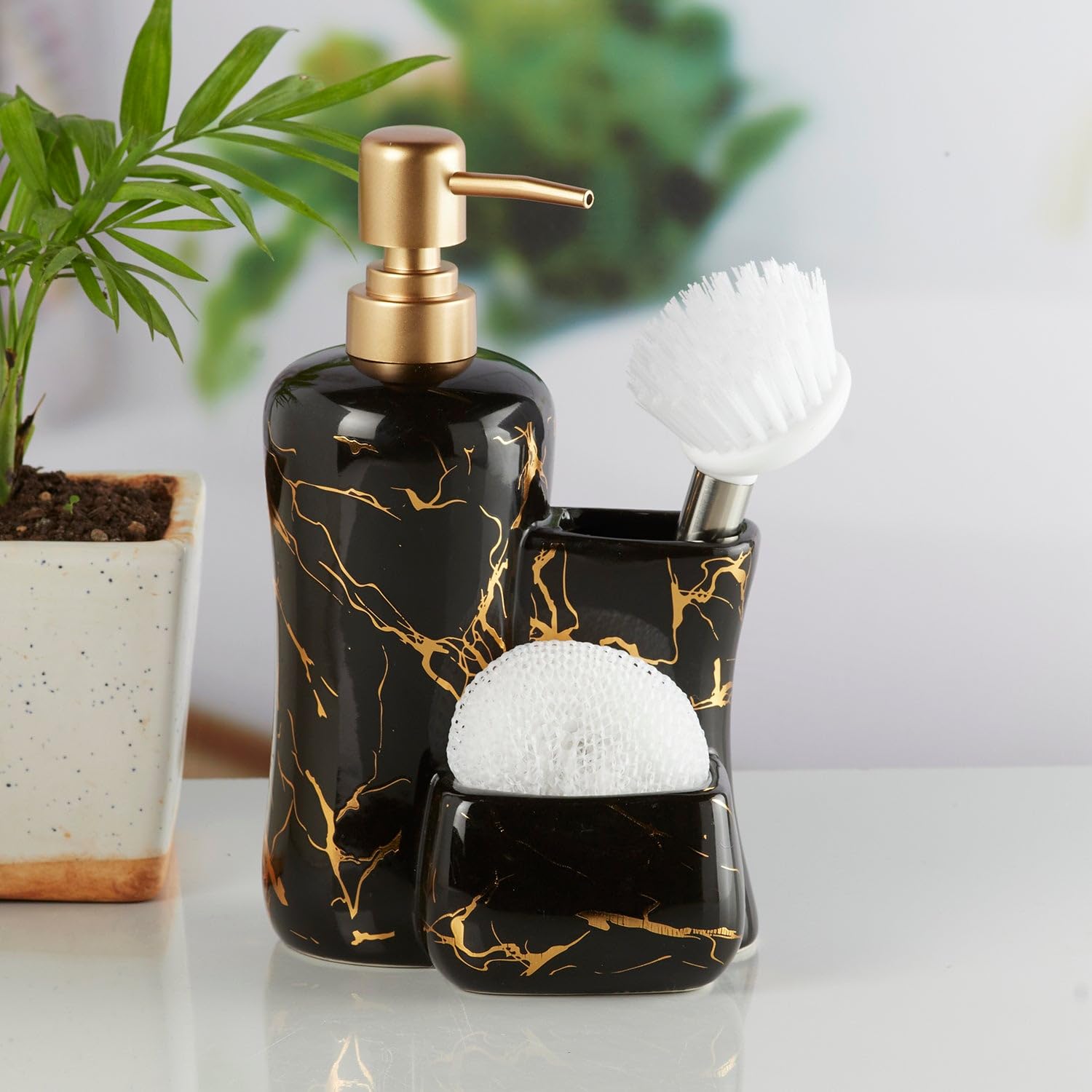SaSaSa Ceramic Soap Dispenser for Bathroom handwash, refillable Pump Bottle for Kitchen Hand wash Basin, Set of 1, Black/Gold (10304)
