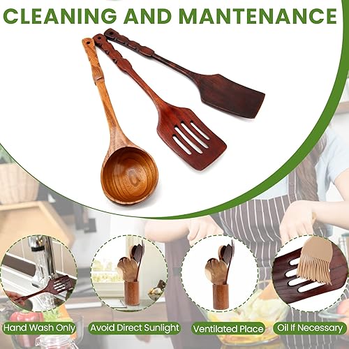 Miniatura 6 de Espátulas de madera y cucharas de madera para cocinar juego de herramientas de espátula de wok de madera espátula de cocina cuchara ranurada