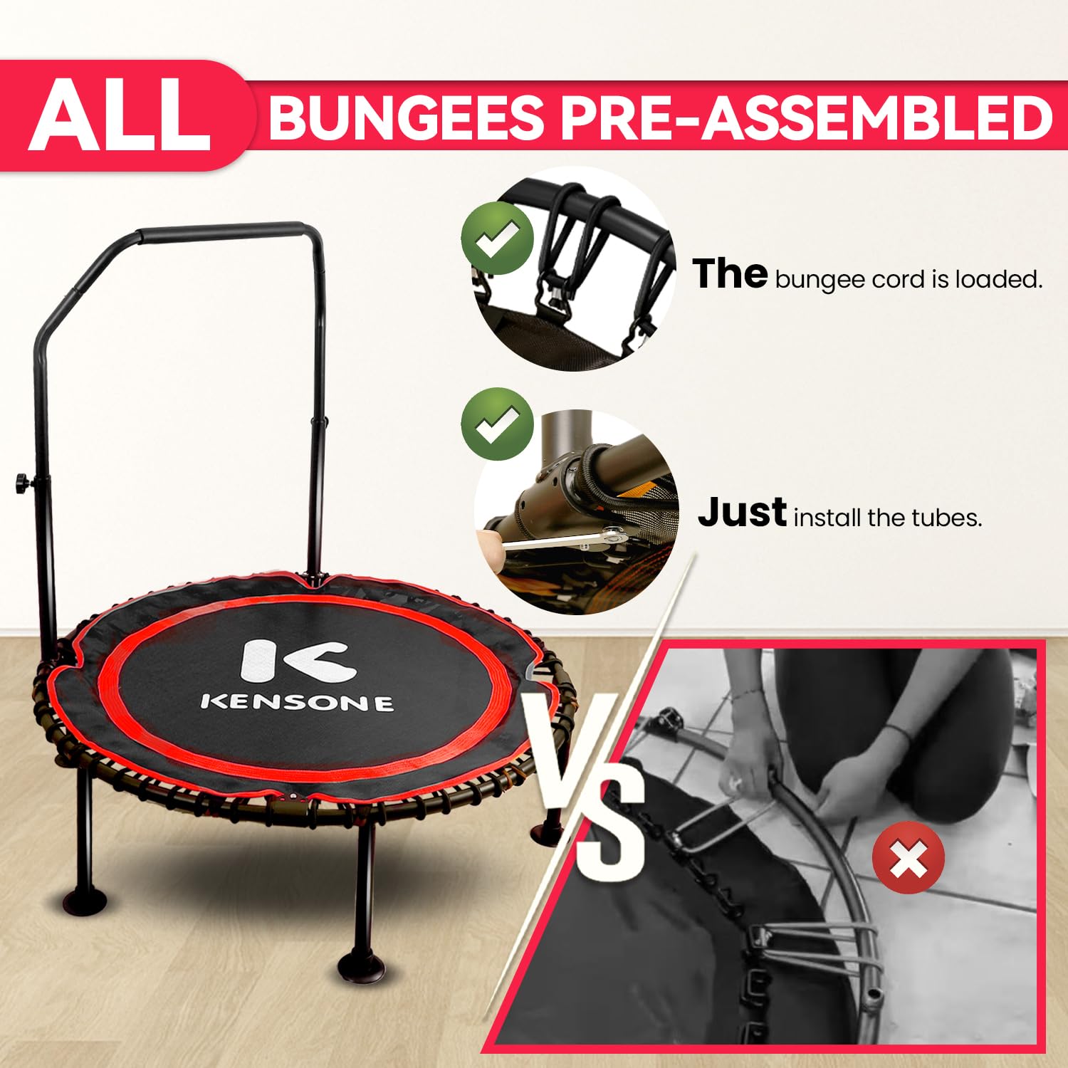 K KENSONE 40/48 Zoll Faltbares Rebounder Trampolin für Erwachsene mit Bungee, 450/250 kg leises Indoor-Mini-Trampolin für Erwachsene, Fitness, Fitnessstudio, Heimübung