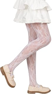 ITERDIN Girls Lace Fishnet Tights White Patterned Fishnets High Waist Hollow Mesh Stockings Sheer Pantyhose for Dance