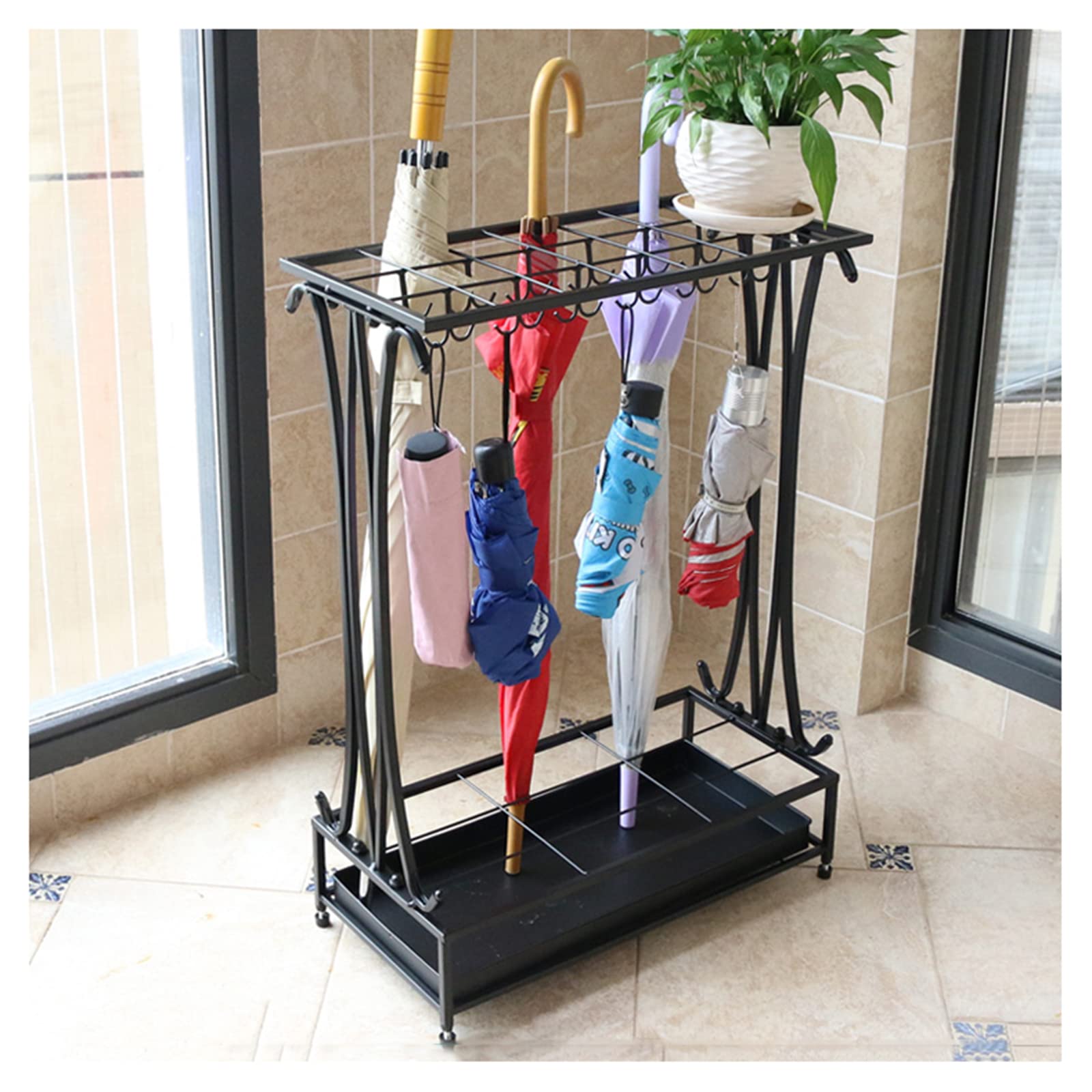 FCXWEVR Commercial/Home Umbrella Stand Rack with 10 21 Independent Spaces High Capacity Umbrella Holder for Hallway Office Door Black (21 Holes + 24 Hooks)