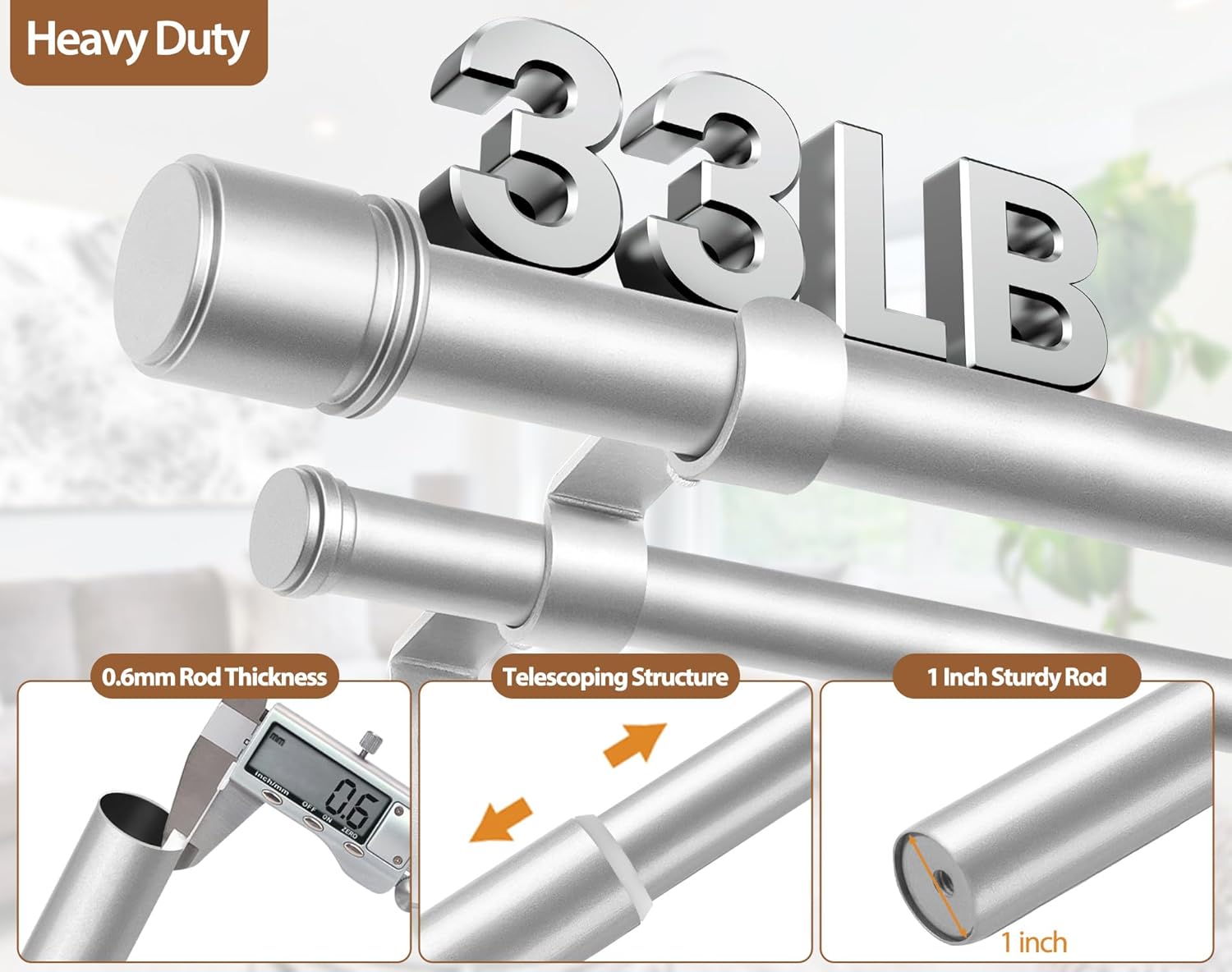 Double Curtain Rod 72 to 144 Inch, HOTOZON 1 Inch Heavy Duty Double Curtain Rods for Windows 60 to 140 Inches(5-11.6 ft), Telescoping Drapery Rod with Simple End Finials, Silver