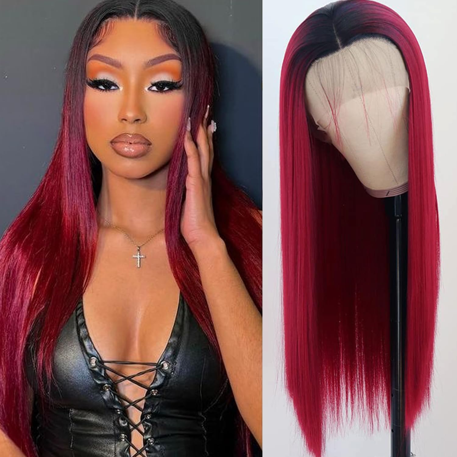 PlatinumHair Red Wig for Women Long Straight Hair Wigs Ombre Red Straight Wig Heat Resistant Glueless Synthetic Lace Front Wigs 180 Density 24 Inch