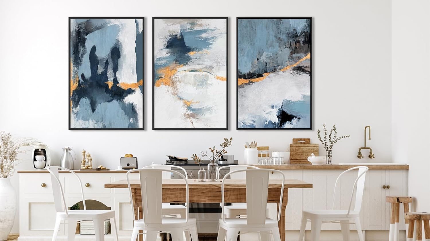 Large Framed Abstract Wall Art - Natural Framed Canvas Pictures for Living Room Modern Canvas Prints Grey Blue for Bedroom, Black Float Frame Art for Home Office Kitchen Decor 24" X 36" X 3pcs - Image 7