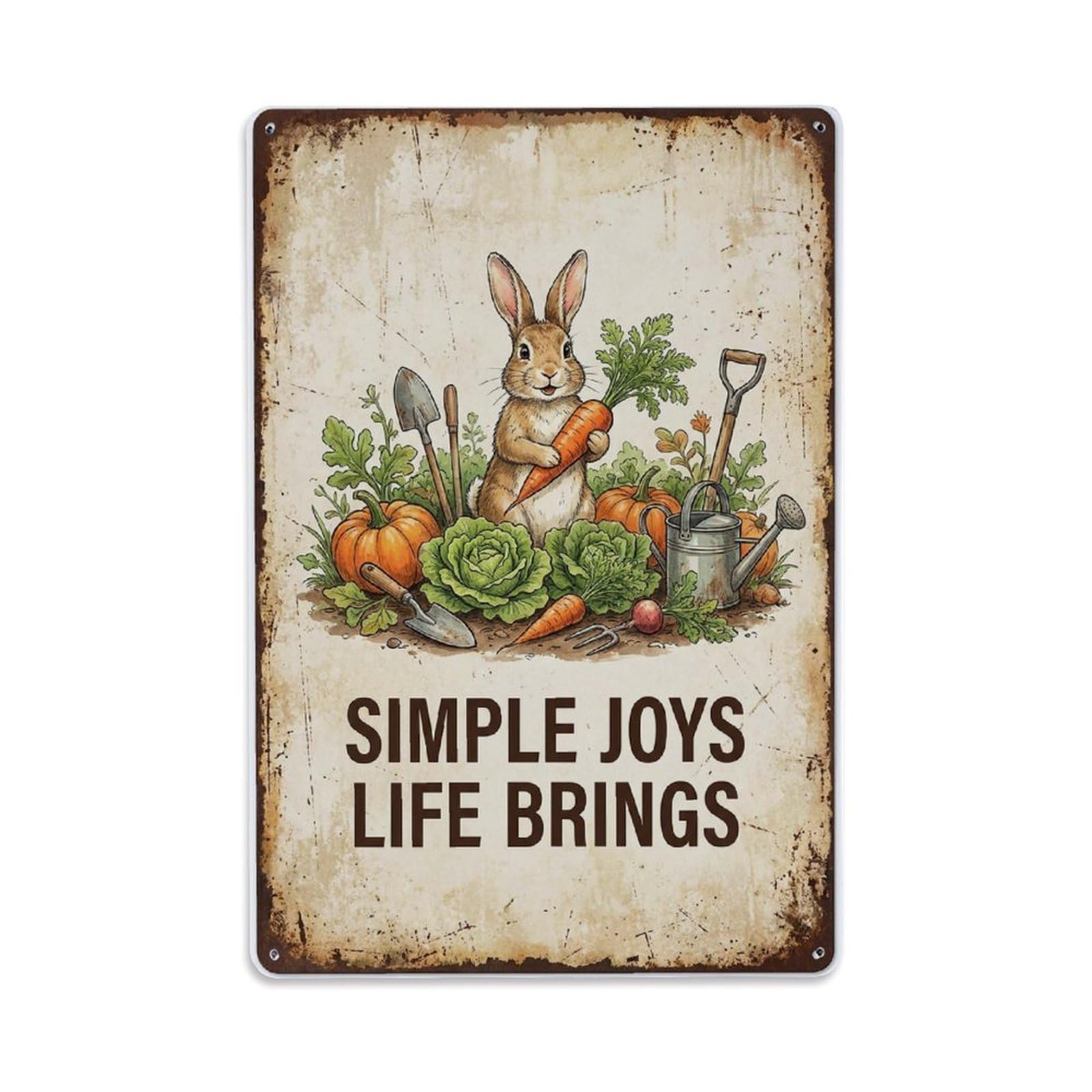 Fqnyr Style Simple Joys Life Brings Rabbit Metal Tin Sign Plaque Wall Decor For Cafe, Club Bar, Office, Home Garden Metal Poster 8X12inch