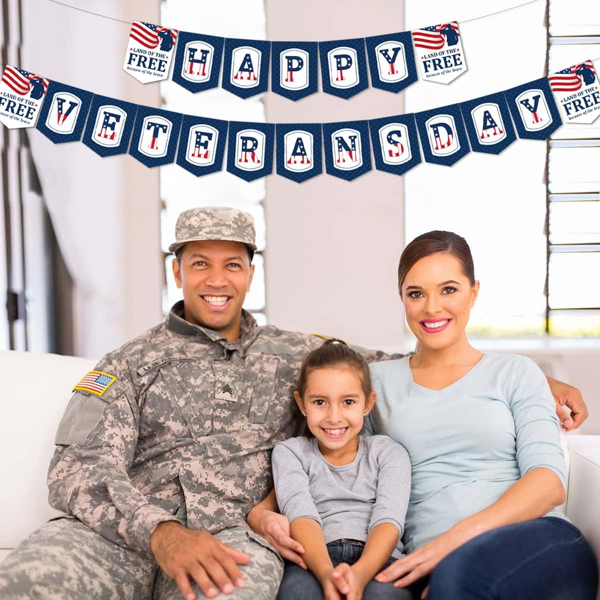 Happy Veterans Day Banner, Patriotic Party Decorations Land of the Free Because of the Brave Bunting Cardstock Paper Garland