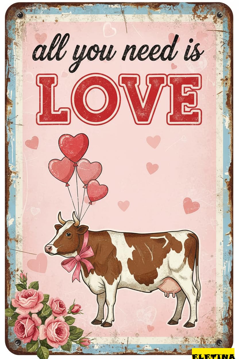 All You Need Is Love Farm Animal Cow Tin Sign, 8x12 Inch