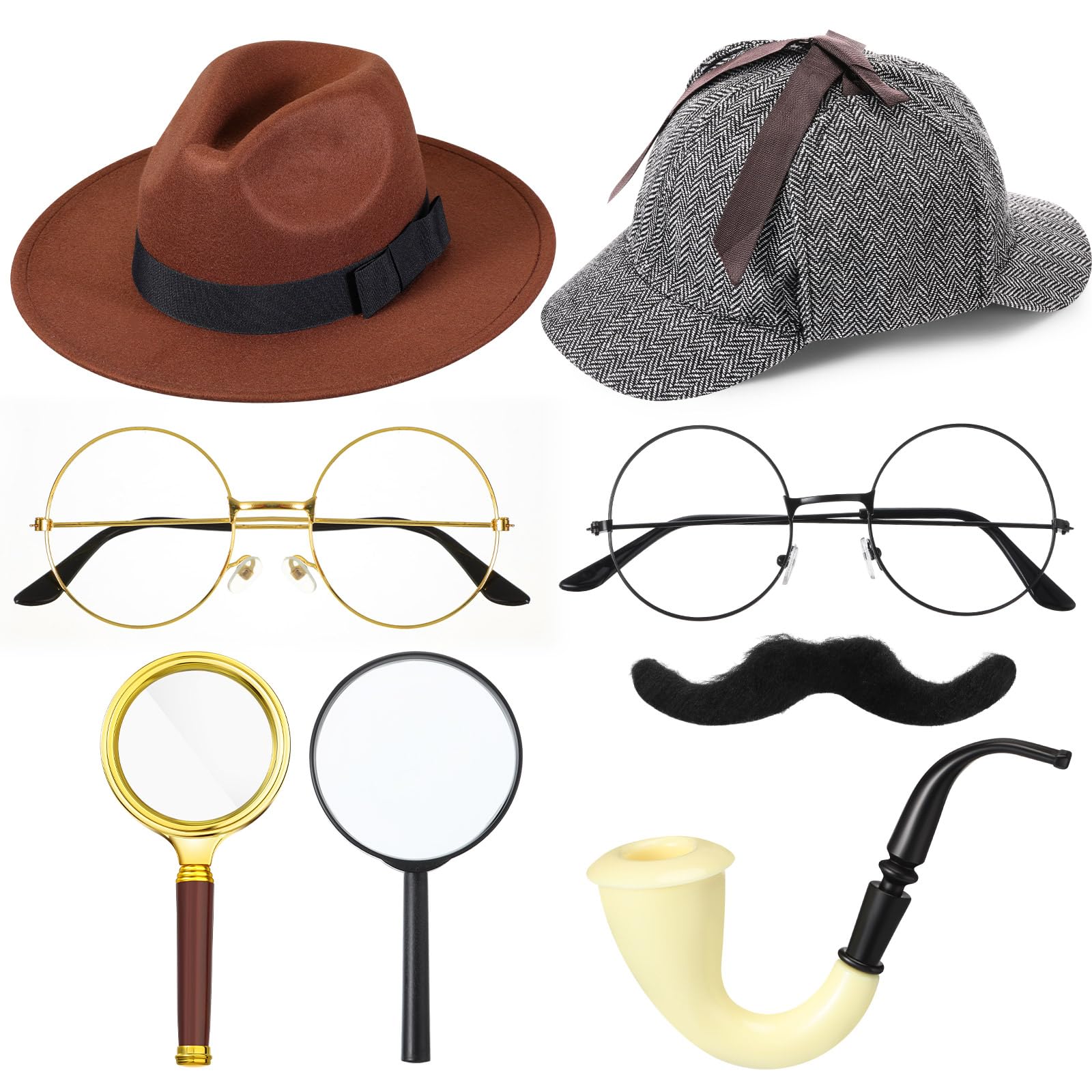 Jeyiour8 pcs Detective Costume Accessories for Boys Adults Girls Detective Hat Detective Kit Detective Outfit Party Decor(Bright Style, Cotton)