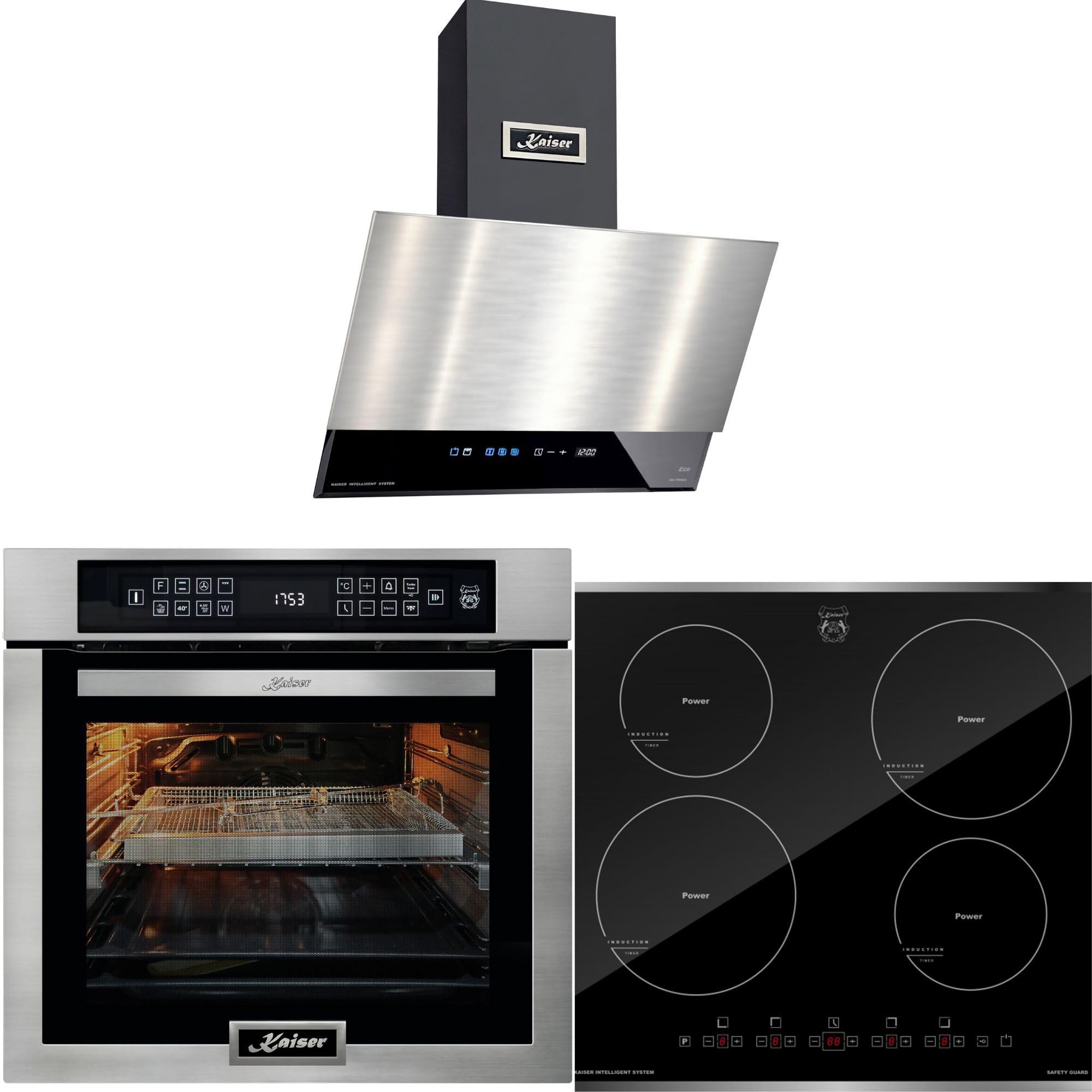 Kaiser Zestaw piekarnika 60 cm autark EH 6306 N R+ KCT 6105 FI+AT 6410 piekarnik do zabudowy 86 l z AirFryer, 15 funkcji, wyświetlacz LED, płyta indukcyjna 60 cm z boosterem, okap kuchenny 60 cm, 1250