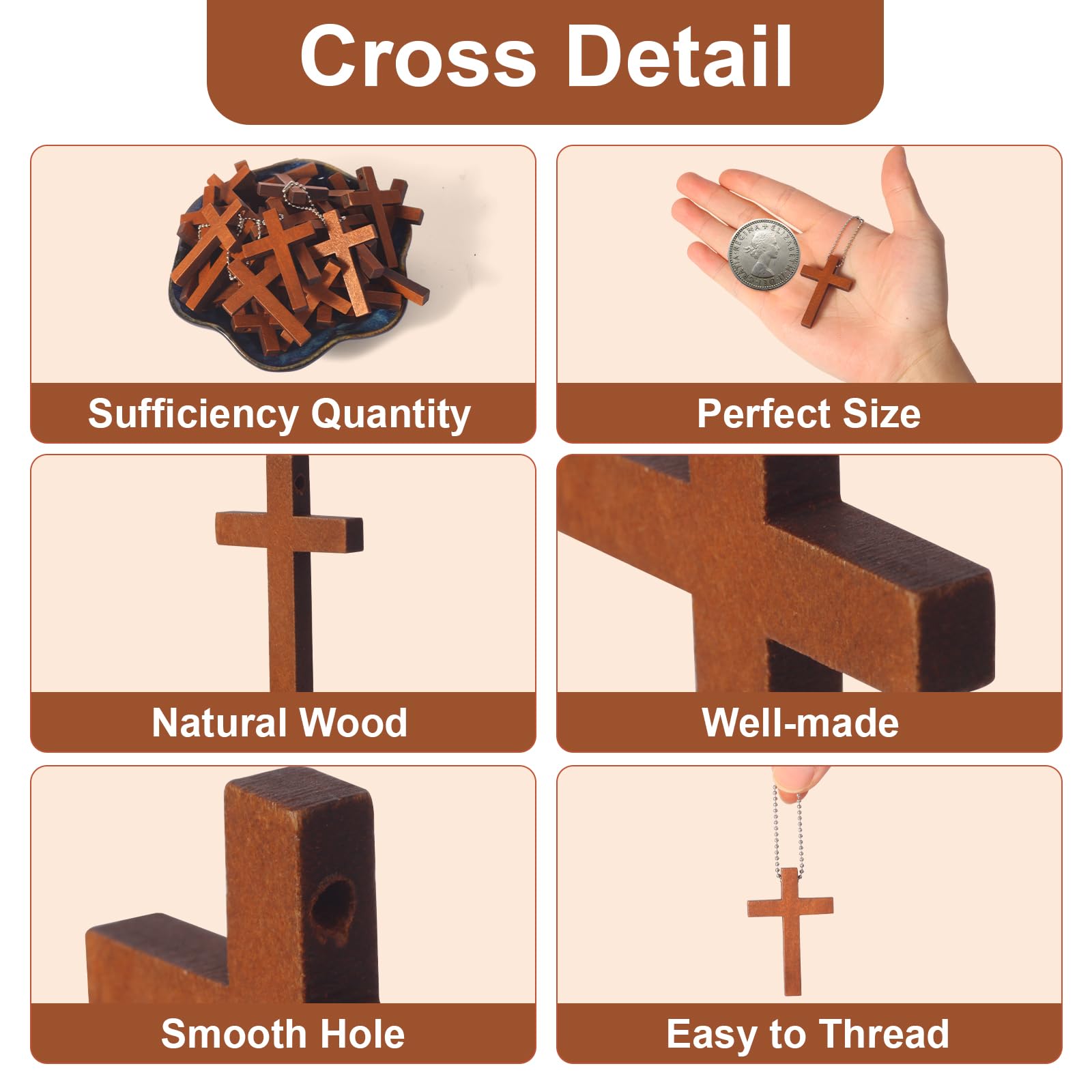Gtudkae 1 Box Wooden Pocket Cross Contains 70 Cross Charms and 70 Chains, Pure Natural Wooden Crosses Pendants for Church Praying,Easter, Christian Gifts, Crafts for DIY Jewelry, Keychains - Image 3