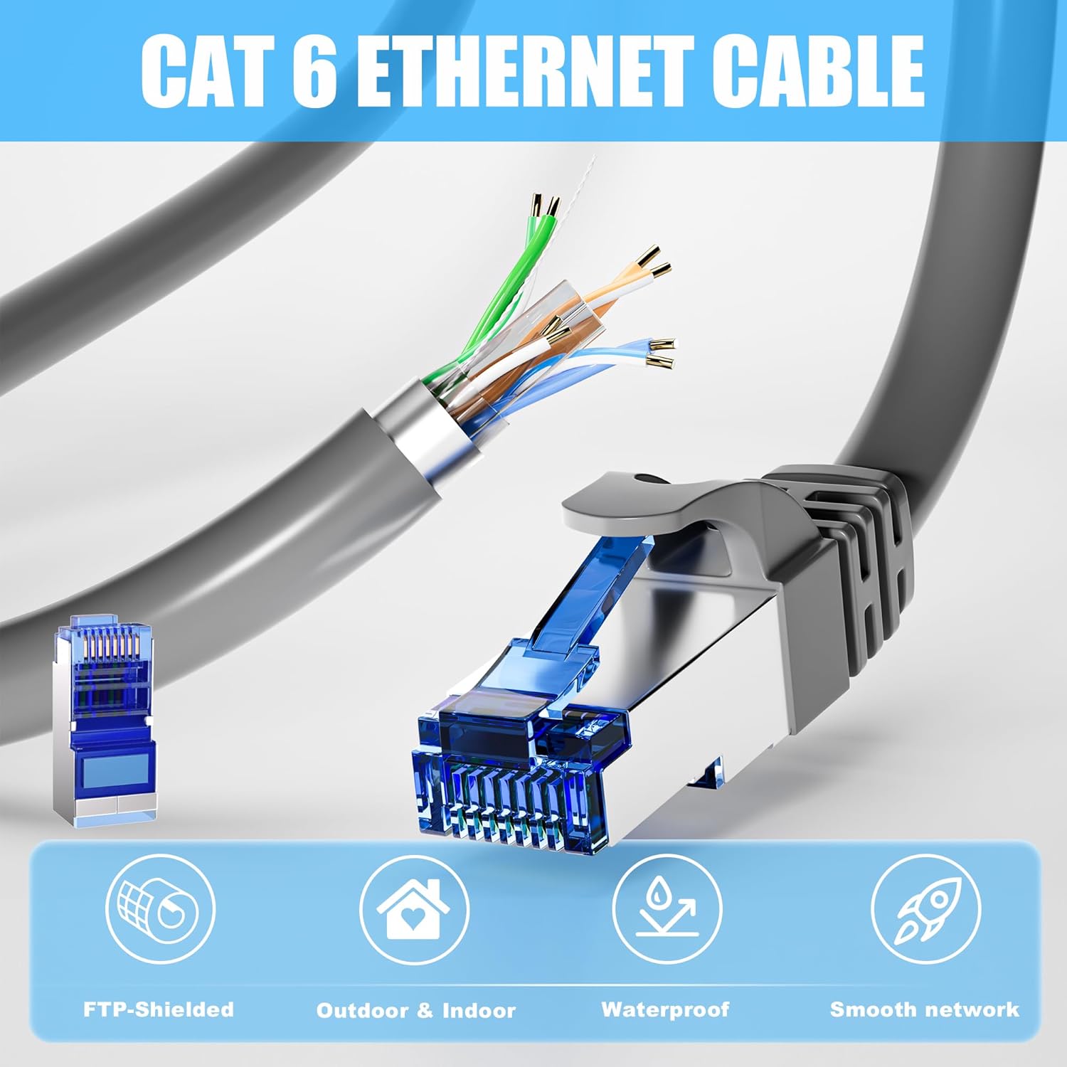 Cat 6 Outdoor Ethernet Cable 400ft (20 RJ45), 23AWG Shielded Ethernet Cable, Cat 6 Bulk, FTP, Waterproof, Direct Burial, In-Ground, UV Resistant, Network, LAN, Internet, Cat6 Cable - 400 Feet, Grey