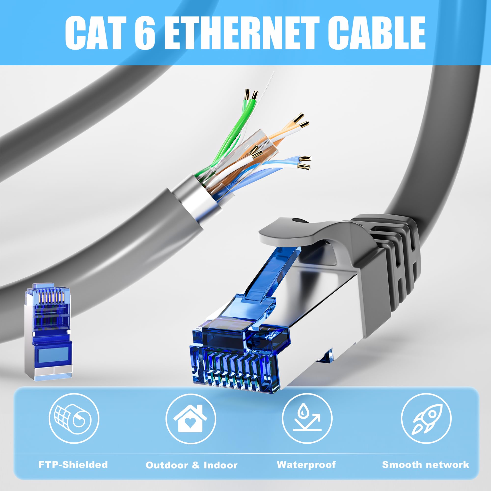Câble Ethernet Cat 6 blindé de 61 m (10 RJ45), 23 AWG Cat6 pour extérieur, FTP, étanche, enfouissement direct, dans la terre, résistant aux UV, réseau, LAN, Internet, câble Cat6 pour routeur - 60 m