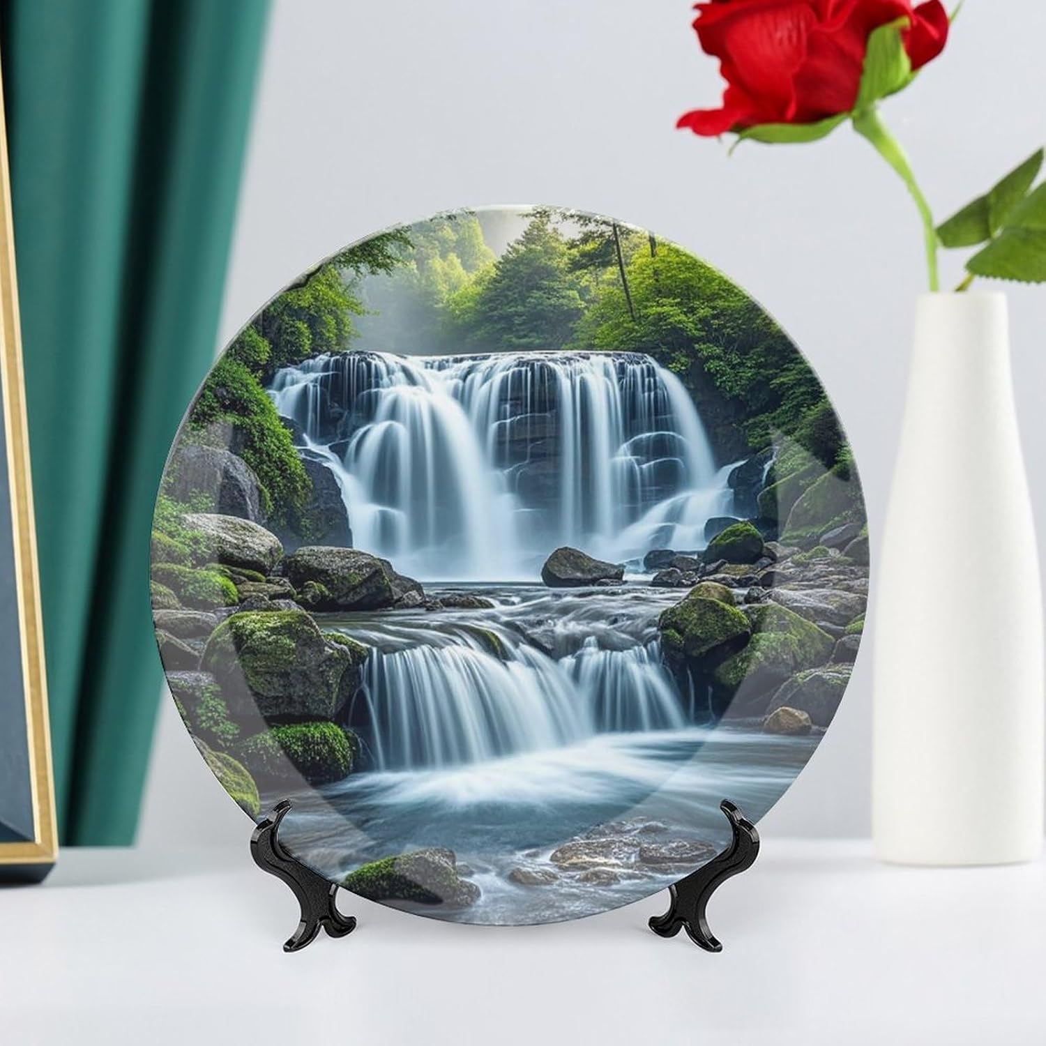 Waterfall Flowing Down Decorative Ceramic Plate Round Porcelain Plate Decor Personalized Bone China Decorative Plates Ceramic Ornaments Dessert Plates with Display Stand 10inch
