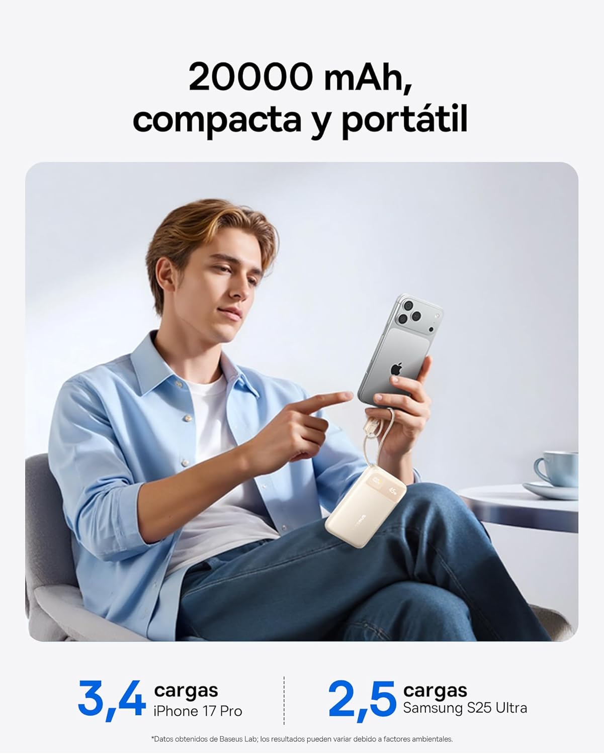 Baseus Cargador portátil FC11 de 45 W, 20000 mAh, con Cable Integrado Dual, Banco de energía pequeño CCC con Pantalla Inteligente, Cable retráctil, Paquete de baterías para iPhone 17/16, iPad 6