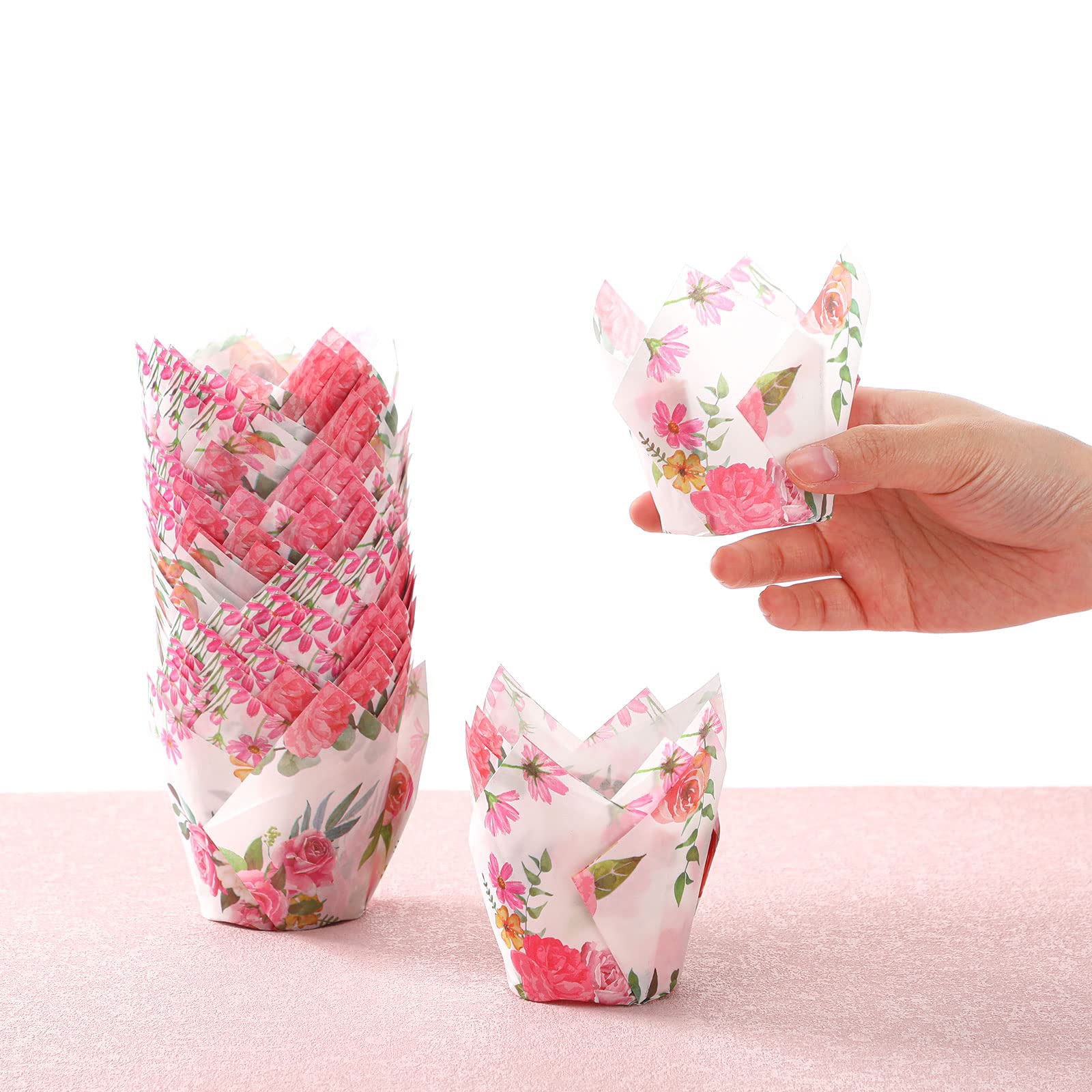 Funtery 200 Stück Rosa Blume Tulpe Cupcake Wrappers Liner Tulpe zum Backen Blumen Liner Mini Cupcake Backen Rustikale Geburtstag Party Dekoration für Brautdusche Hochzeit Festival Party