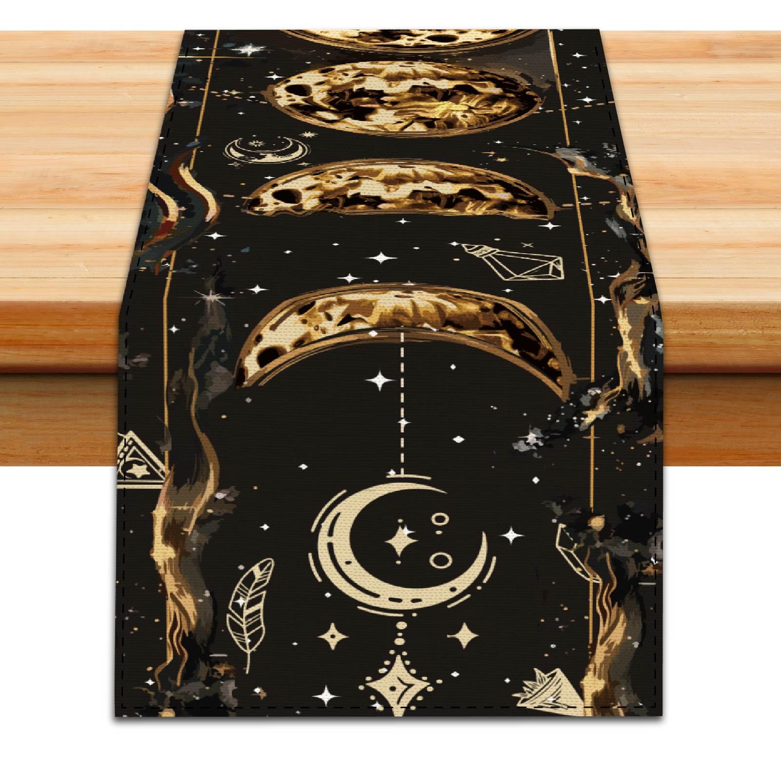 PRESSINART Stars and Moon Table Runner Gothic Runner for Table Black Moon Phases Astrology Starry Pattern Mystical Holiday Living Room Kitchen Dining Indoor Scarf for Home Party Decor 13 x 72 Inch