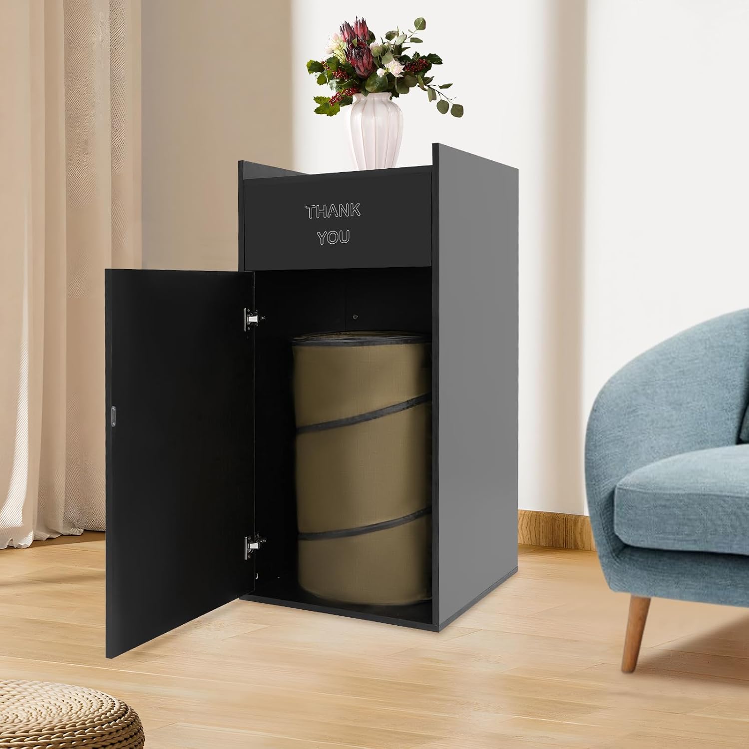 Commercial Grade Laminate Wood Trash Receptacle with Tray Top Restaurant Trash Can Cabinet Garbage Bin with 30L Trash Bag for Cafes,Fast Food,Cafeterias (Black)
