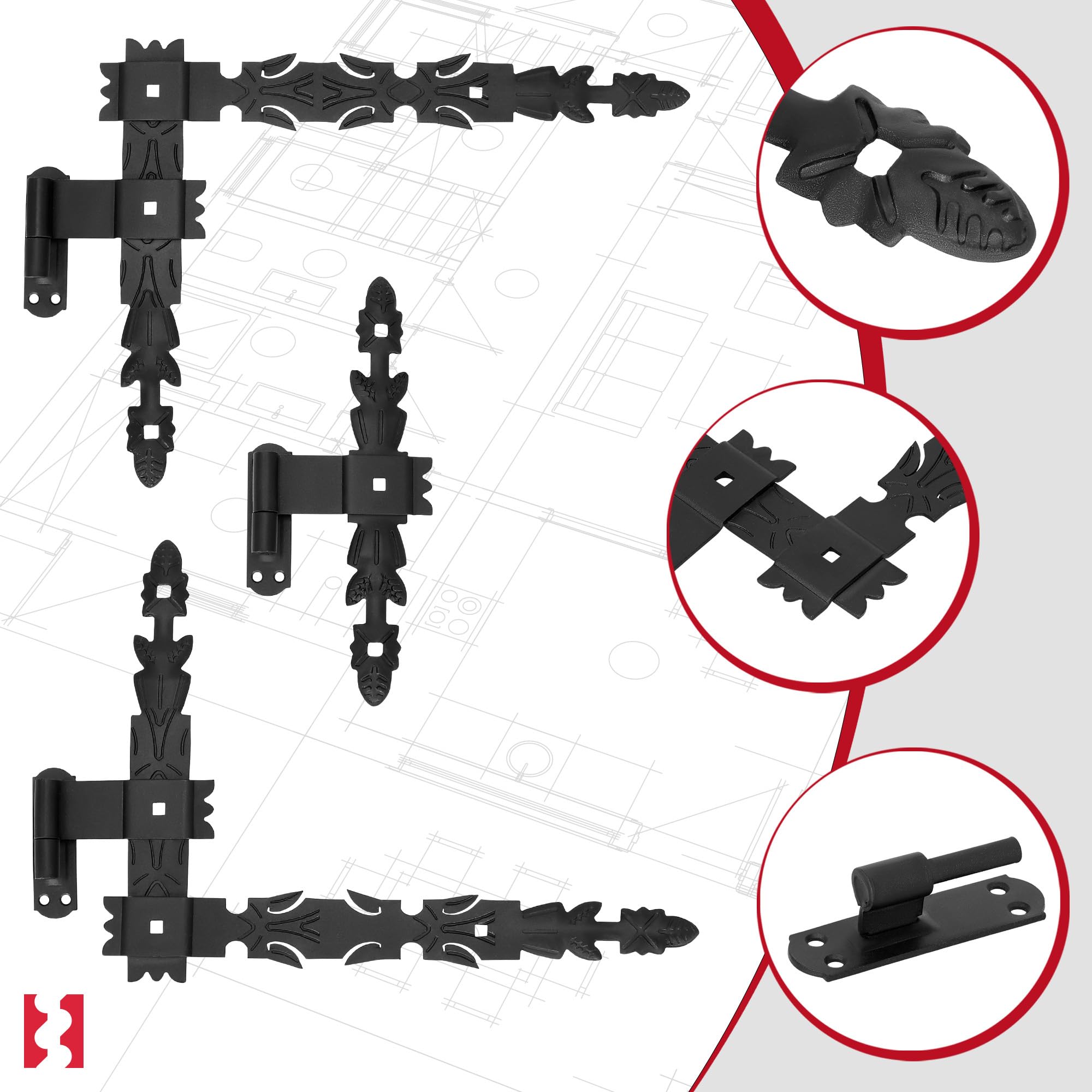 KOTARBAU® Nastro angolare forgiato, 400 x 300 x 40 mm, nero, in acciaio verniciato a polvere, con ganci, per porte in legno, gancio a croce, nero, porta in legno, nero