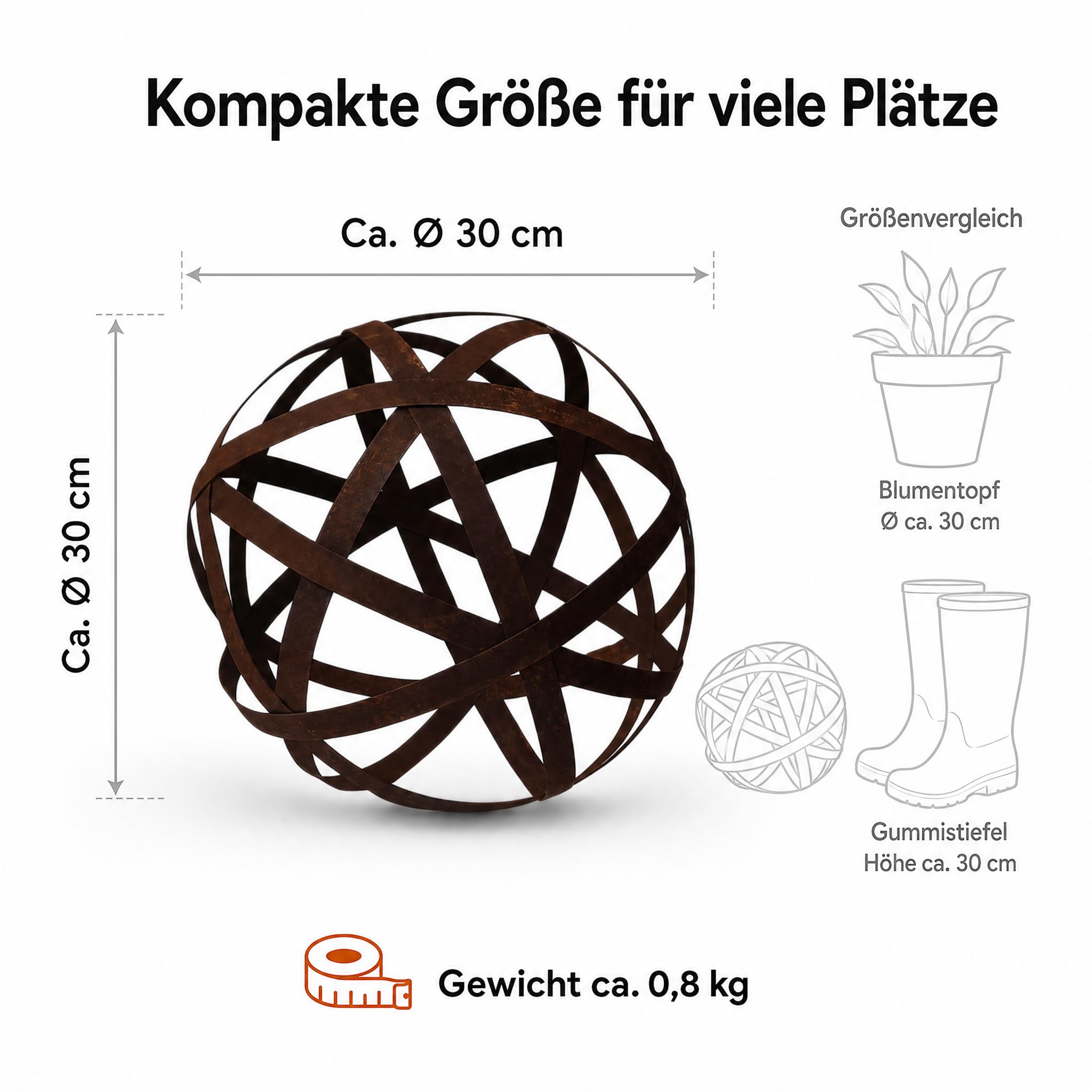 Gartendeko für draußen wetterfest – Rostdeko Kugel aus Metall in Edelrostoptik, offenes Streifen-Design, Ø 30 cm, Gartenkugel für Garten, Terrasse & Balkon