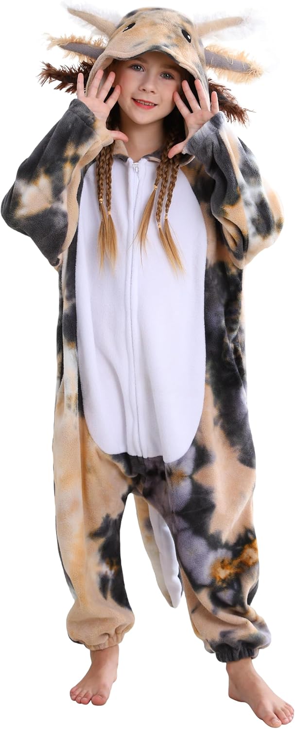 SimZoo Kids Animal Pajamas, Boy Girls Axolotl Cosplay Costume Sleepwear, One-Piece Unisex Homewear 4-13Y