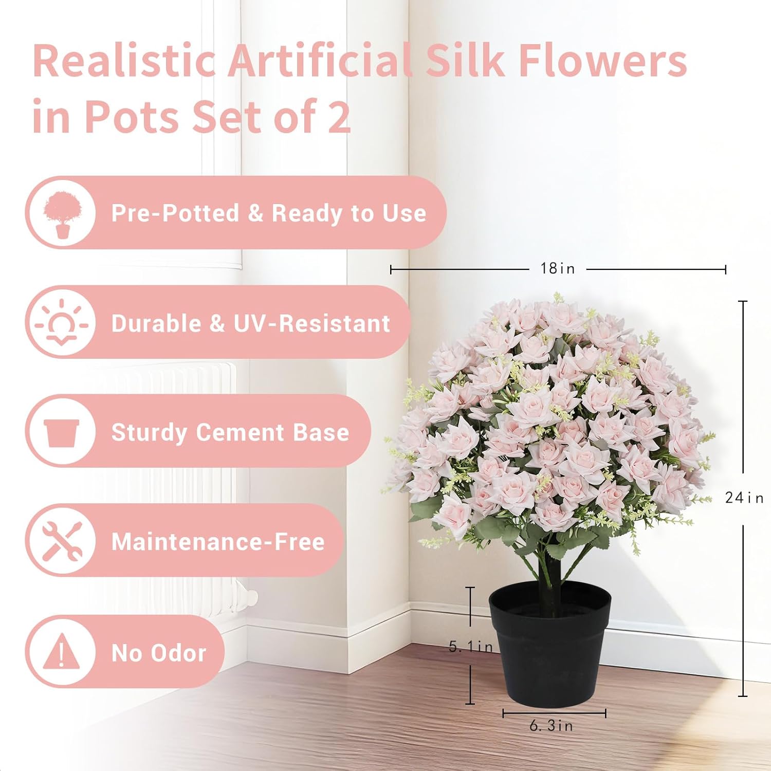 24” Artificial Flowers for Outdoors, Set of 2 Realistic Faux Pink Roses in Cement Pots, UV Resistant Fake Plants Look Real for Front Porch, Entryway & Indoor Spring Decor