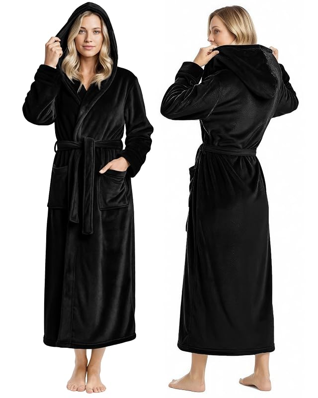 NY Threads Womens Fleece Hooded Bathrobe Plush Long Spa Robe Medium