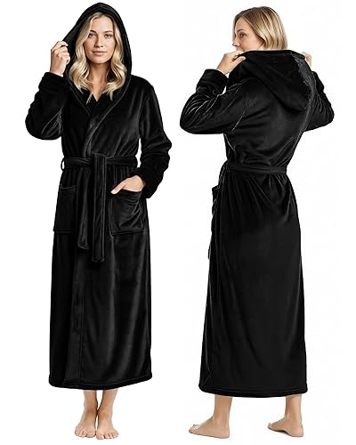 NY Threads Premium Womens Robe with Hood, Plush Fleece Long Bath Robe for Women, Fluffy Soft Women's Bathrobe - Large - Black