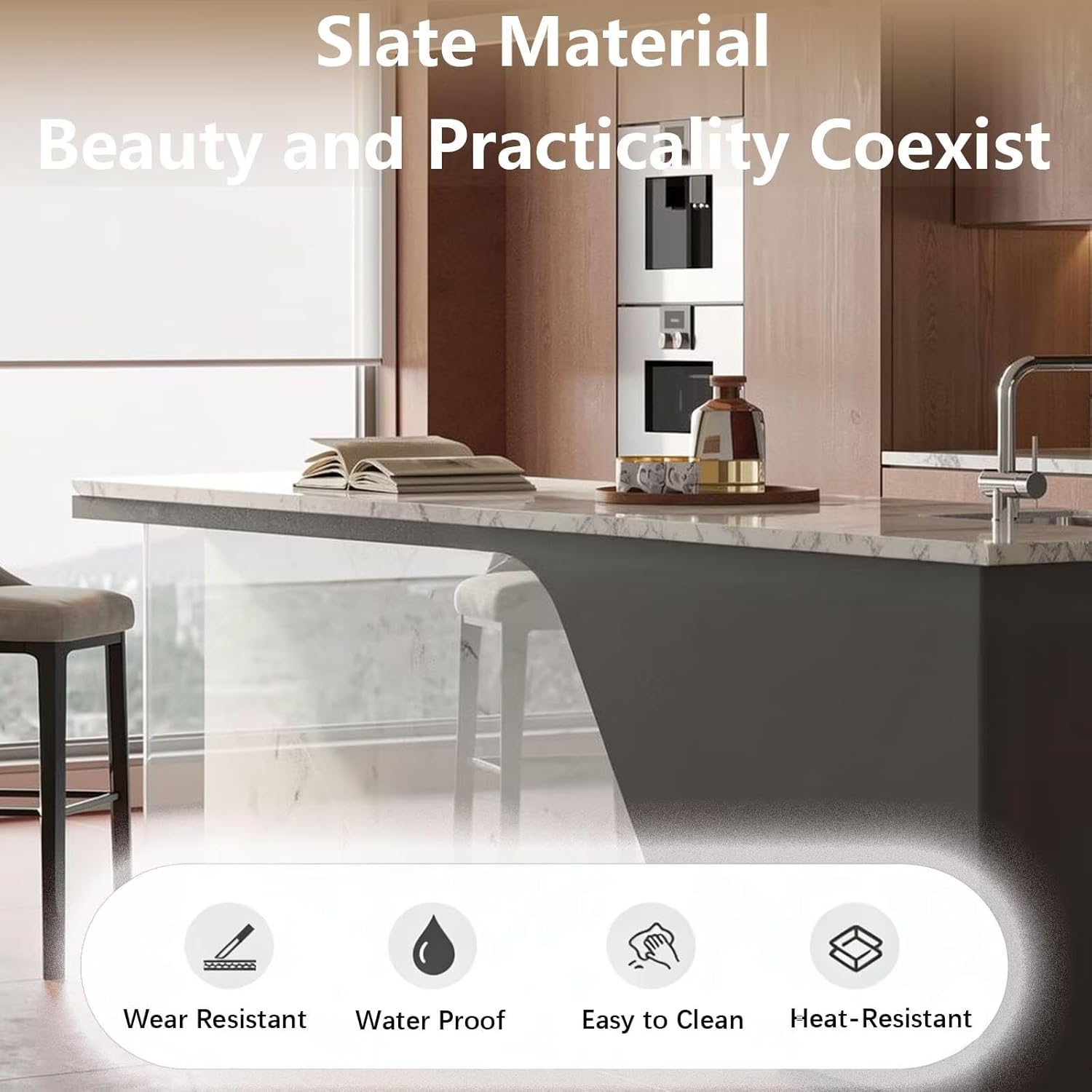 Kitchen Island with Storage - Kitchen Island Table with Slate Top, Modern Dinning Table Includes Integrated Sink, Power Sockets, Wood Finishes, Smooth Surfaces (88IN No Chairs)