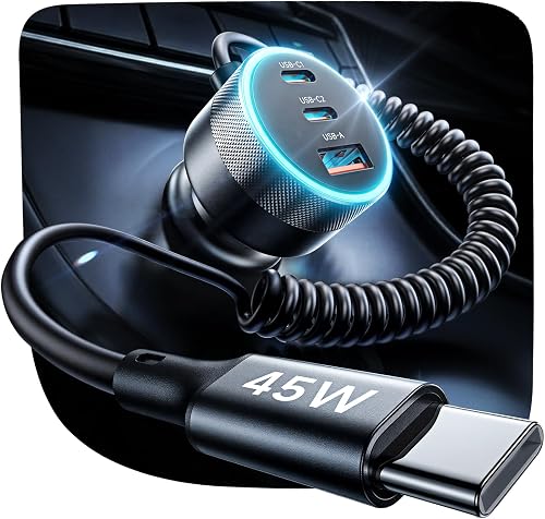 LISEN 4 in 1 USB Cigarette Lighter Adapter Car Phone Charger Fast Charge [2*USB C 45W+USB-A 30W+45W C-C Cable, PD/QC/PPS3.0] 24/12V Metal Car USB C Adapter Socket for iPhone 17 Pro Samsung BMW Tesla