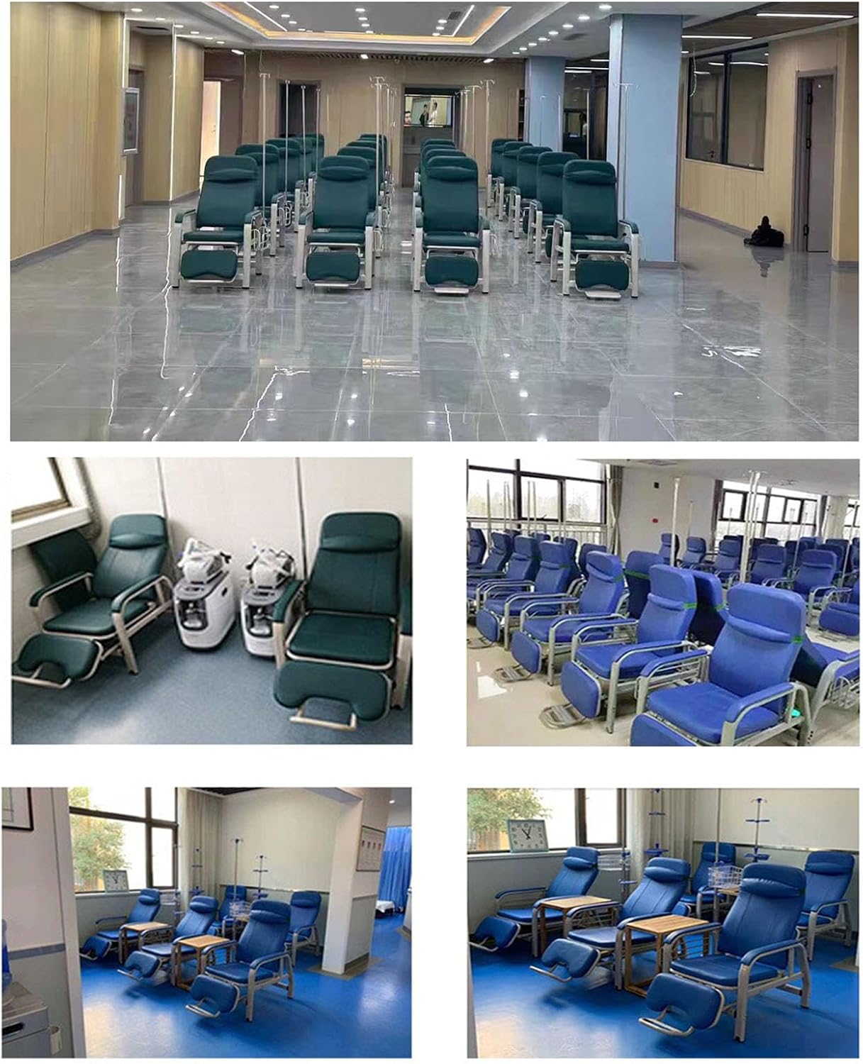 Fully Reclining Reception Chair Waiting Room Medical Chairs, Adjustable Infusion Chair with IV Pole Stand, Blood Drawing Chair Soft Padded Seat, First Aid Room Examination Recliner Chair (Blue)