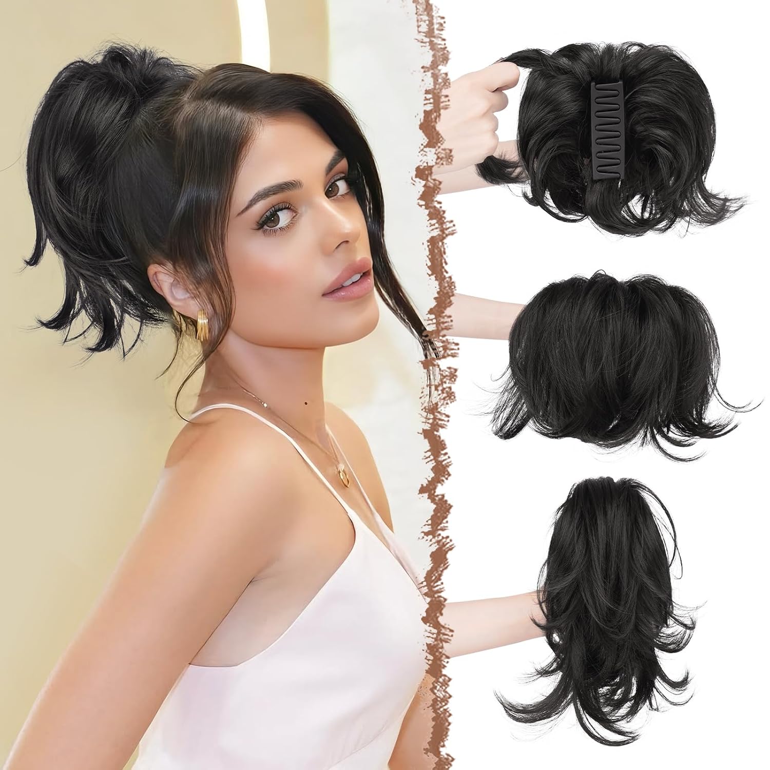 FESHFEN Claw Clip Short Ponytail Extensions - DIY Bendable Metals Fluffy Messy Bun Hair Piece Straight Synthetic Hairpieces Ponytail Extension for Women, Black Gray and White Tips