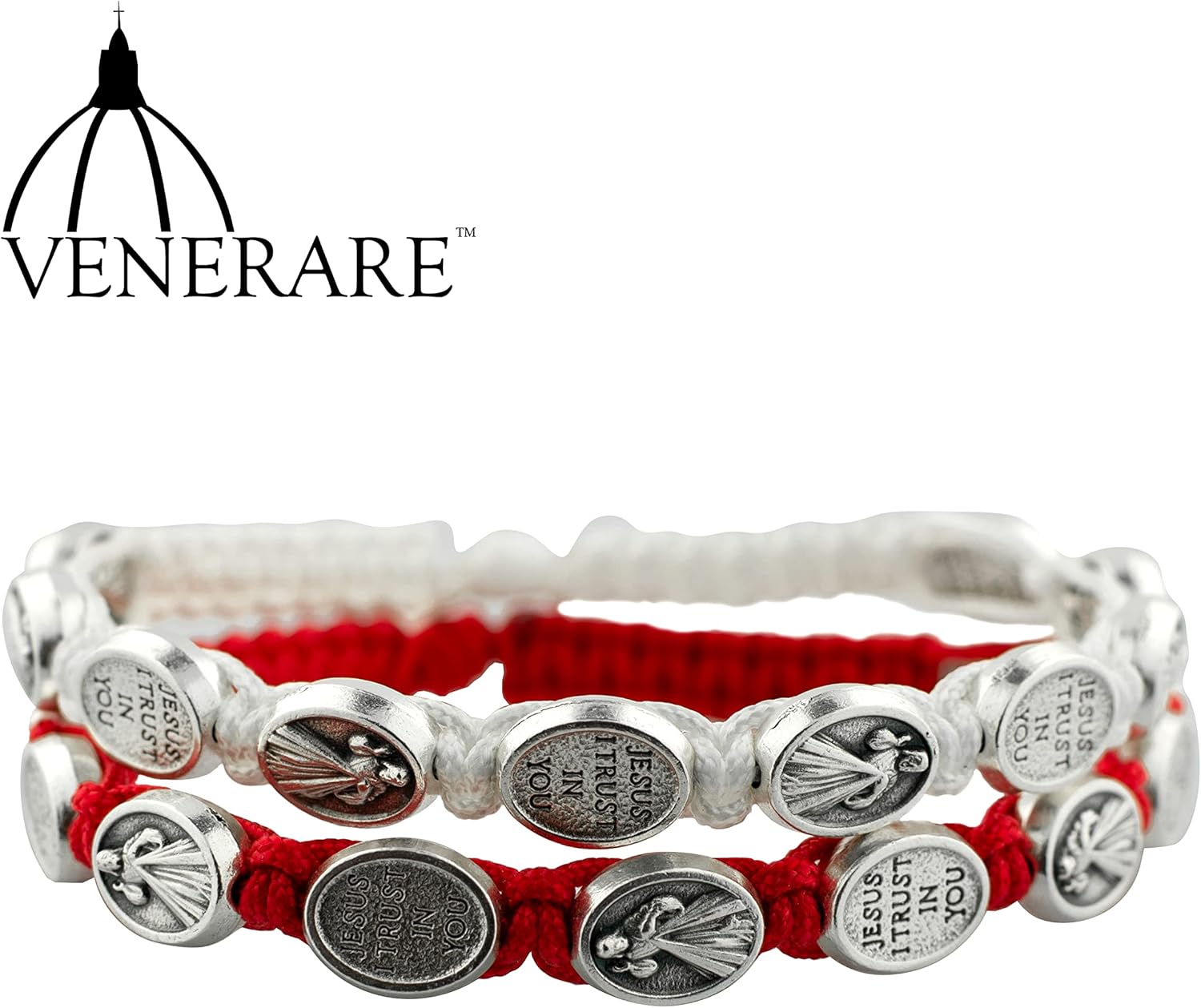 Venerare Woven Cord Bracelet | 10 Beautiful Divine Mercy Medal Beads | Adjustable | Red and White | Great Catholic Gift for First Communion, Confirmation, and Ordination | Stylish Religious Accessory - Image 3